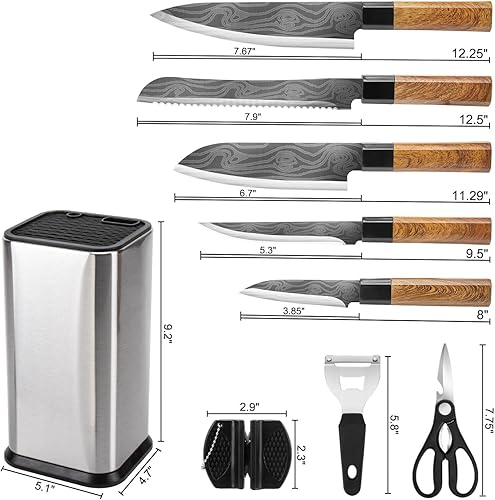 Miniatura 6 de RedCall Knife Set,9 Piece Kitchen Knife Block Set,High Carbon Stainless Steel Ultra Sharp Knife Set with Block for Kitchen,Chef Knife, Bread Knife,