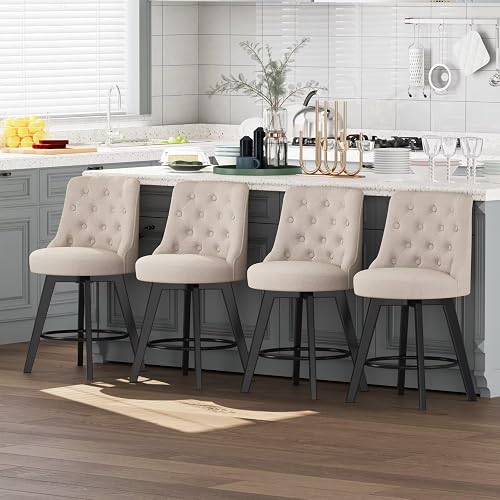 MINCETA 360° Swivel Bar Stools Set of 4, 26" Button Tufted Upholstered Barstools
