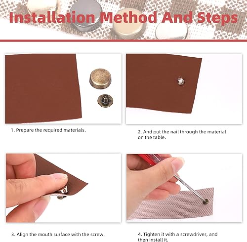 Miniatura 6 de Hilitchi 32 juegos de remaches de cabeza plana de bronce de 0.394 pulgadas, remaches de cabeza plana, remaches de cuero, remaches de cuero, bolsos,