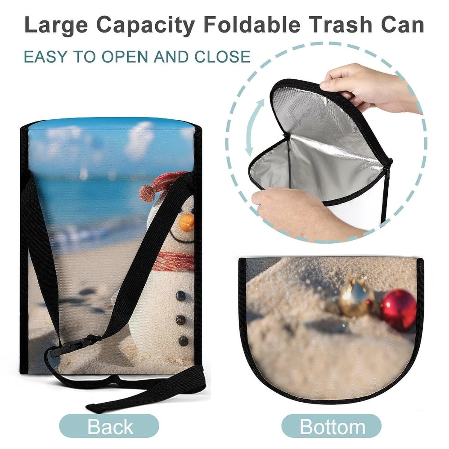 Hanging Car Trash Bag Sand Snowman On Beach Printed Car Garbage Storage Bag Leakproof Car Trash Can Portable Garbage Storage Bags