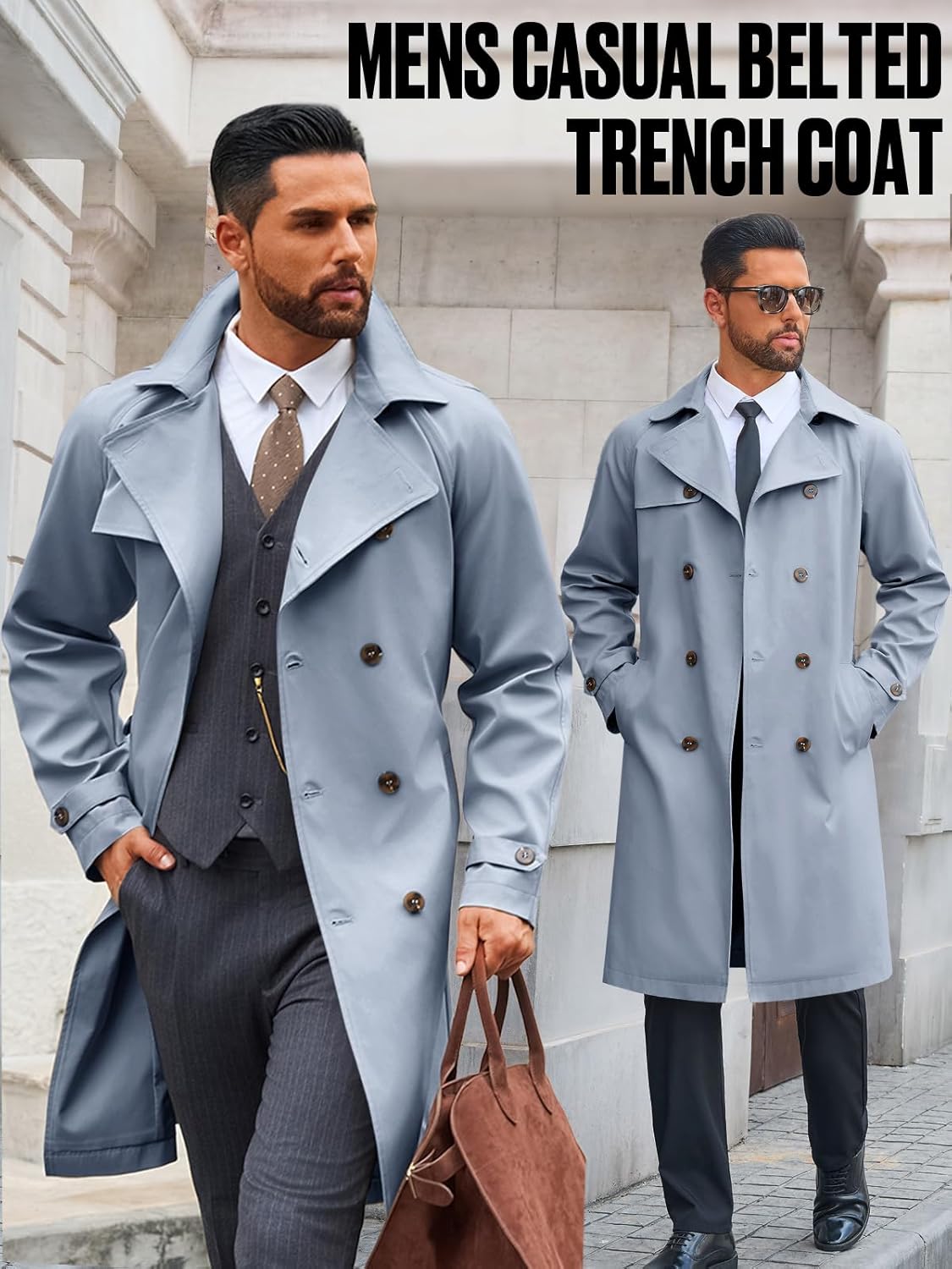 Runcati Mens Trench Coat Double Breasted Notched Lapel Casual Belted Windbreaker Fall Classic Long Jacket Overcoat - Image 5