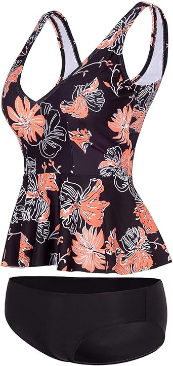 Women Tankini Swimsuit Ruffle Peplum Tops Two Piece Bathing Suit.