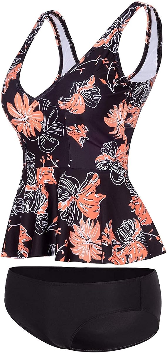 Women Tankini Swimsuit Ruffle Peplum Tops Two Piece Bathing Suit.