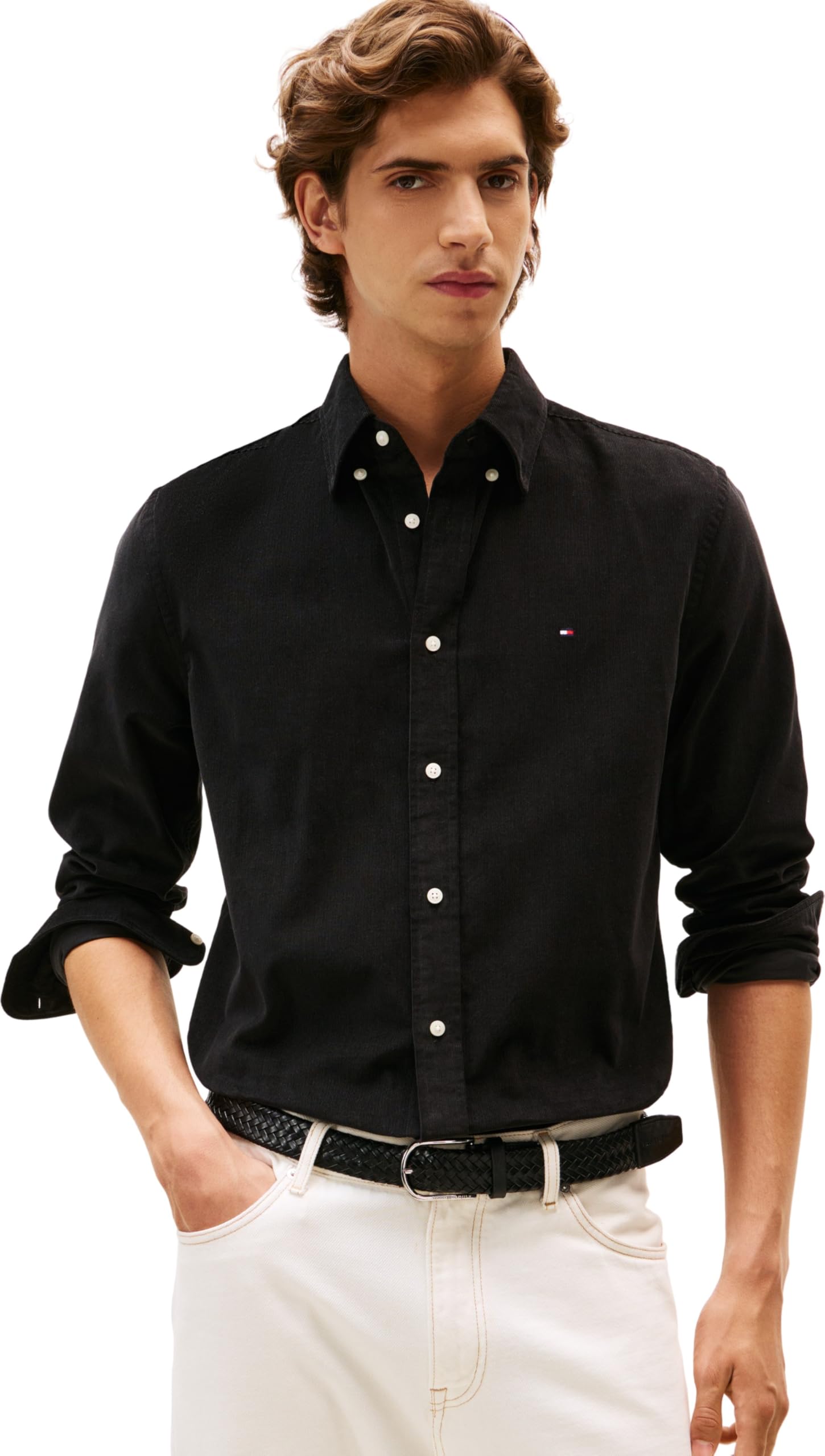Tommy Hilfiger Men’s Solid Corduroy Regular Fit Shirt, Black (Black), XL