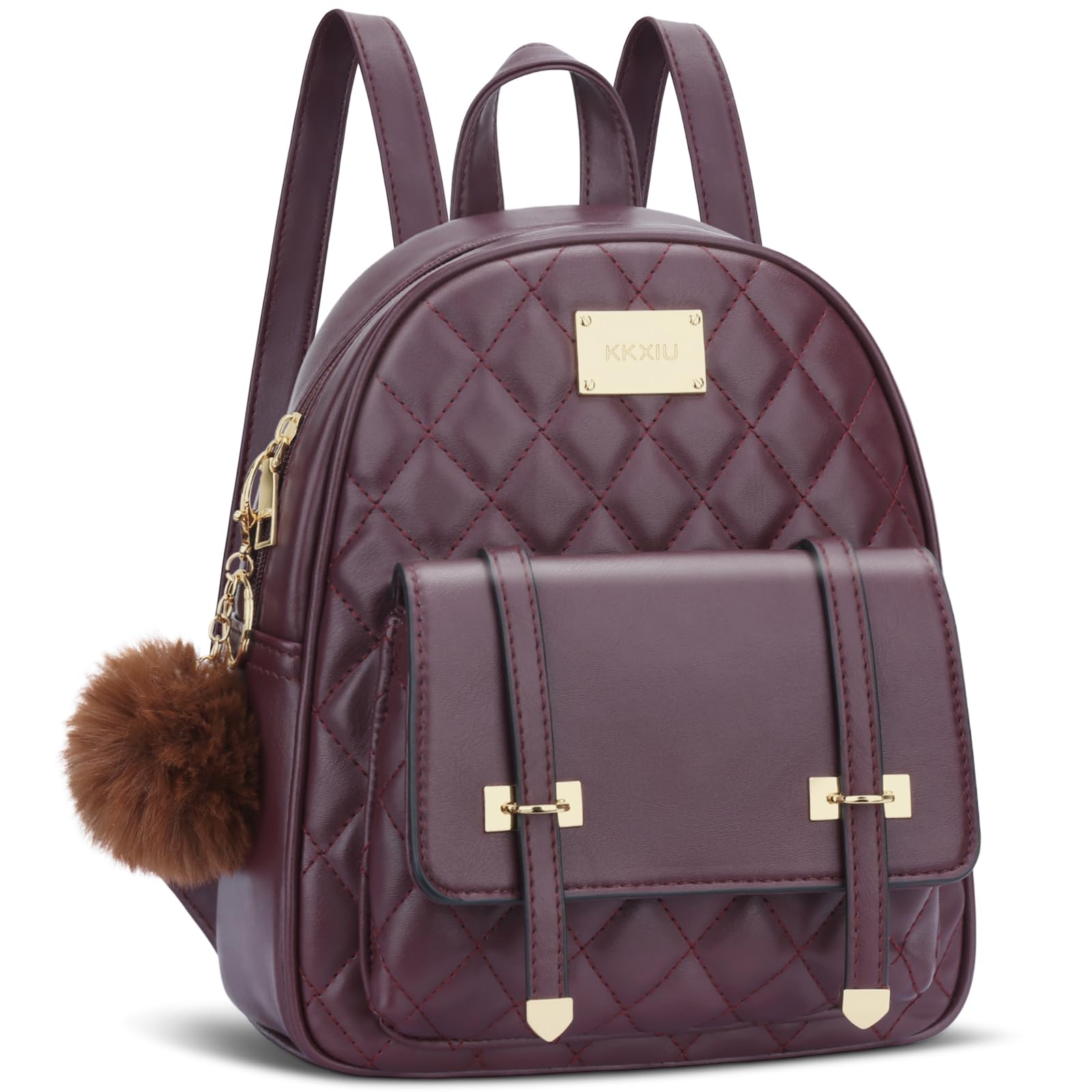 KKXIU Girls Small Backpack Purse Vegan Leather Quilted Mini Daypack for Women Trendy Bookbag (Wine)