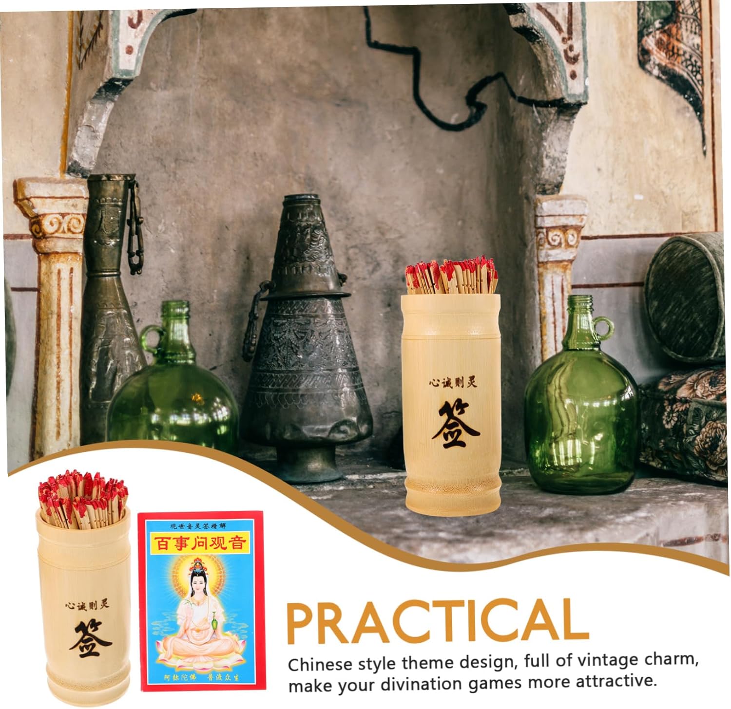 1Set Chinese Fortune Telling Sticks with Bucket Divination Book Traditional Buddhist Props for Family Gatherings Temples and Home Use