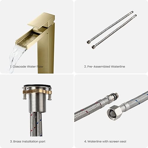 Vista 29 de KIBI Grifo de lavabo de baño en cascada Grifo de latón de una sola manija con manguera de suministro de agua Construcción de latón duradero