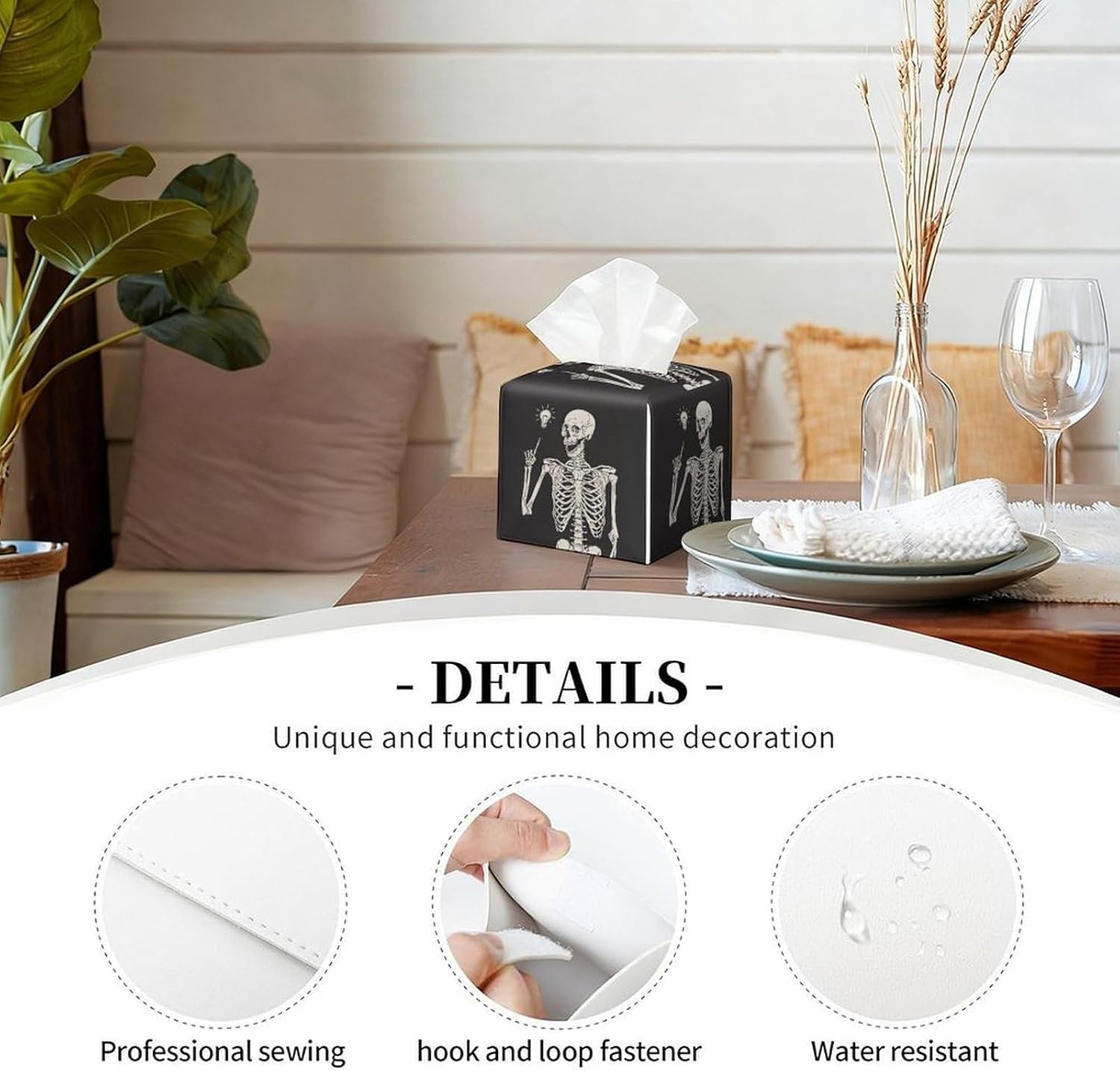 Funny Skull Tissue Box Cover Leather Tissue Box Holder Square Facial Paper Organizer Dispenser for Bathroom Kitchen Bedroom Vanity Countertop Night Stands image 5
