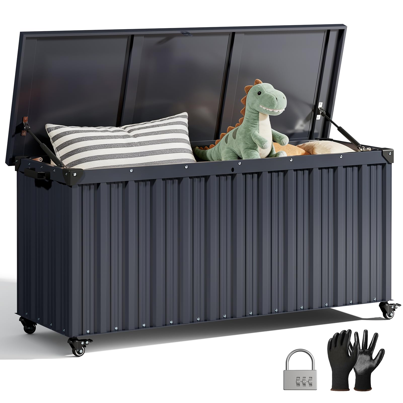 DKIEI 550L Metal Garden Storage Box with Combination Lock and Lockable Wheels | Extra Large Outdoor Storage Boxes Waterproof, Outside Storage Box for Cushion, Tools, 129 x 68 x 63 cm, Anthracite Grey