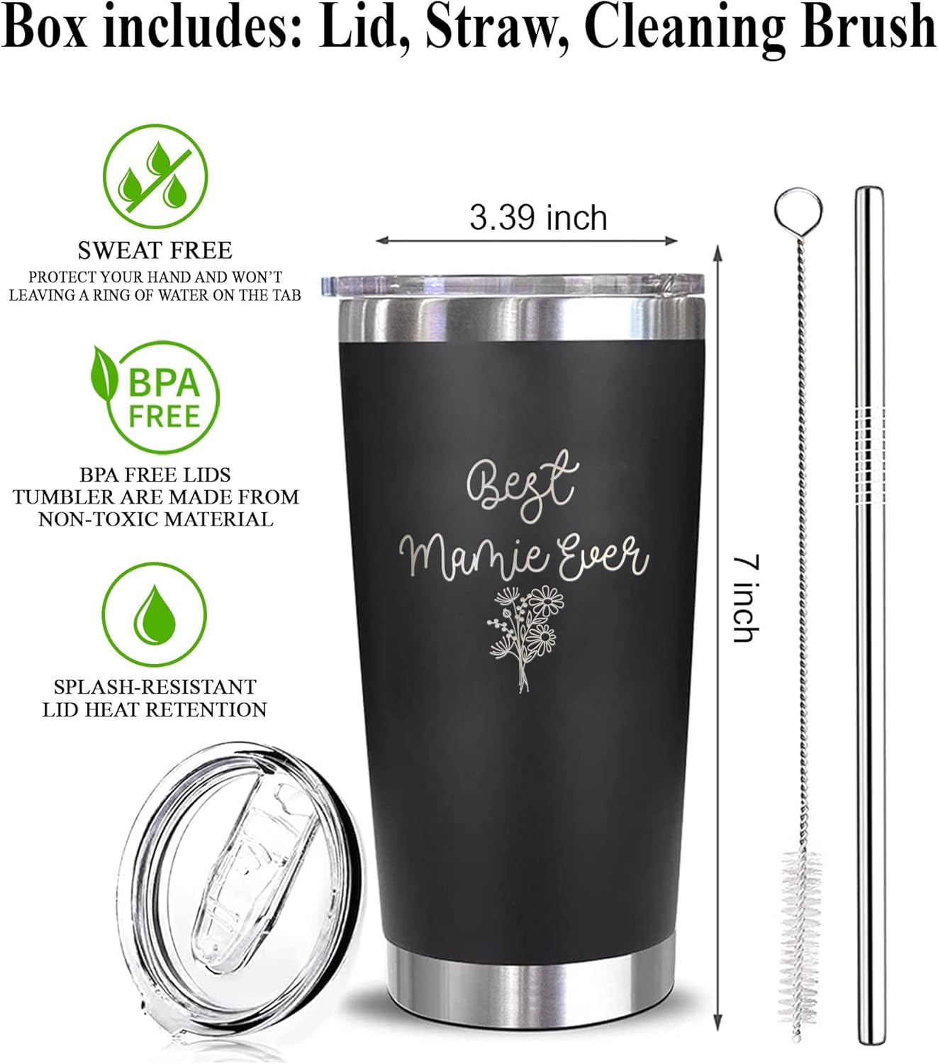 Best Mamie Ever Tumbler - Floral Mamie Mug - Mamie Mug - Gift For Mamie - Mother's Day Gift - Mamie Coffee Mug - Stainless Steel Tumbler 20Oz, Black - Image 2