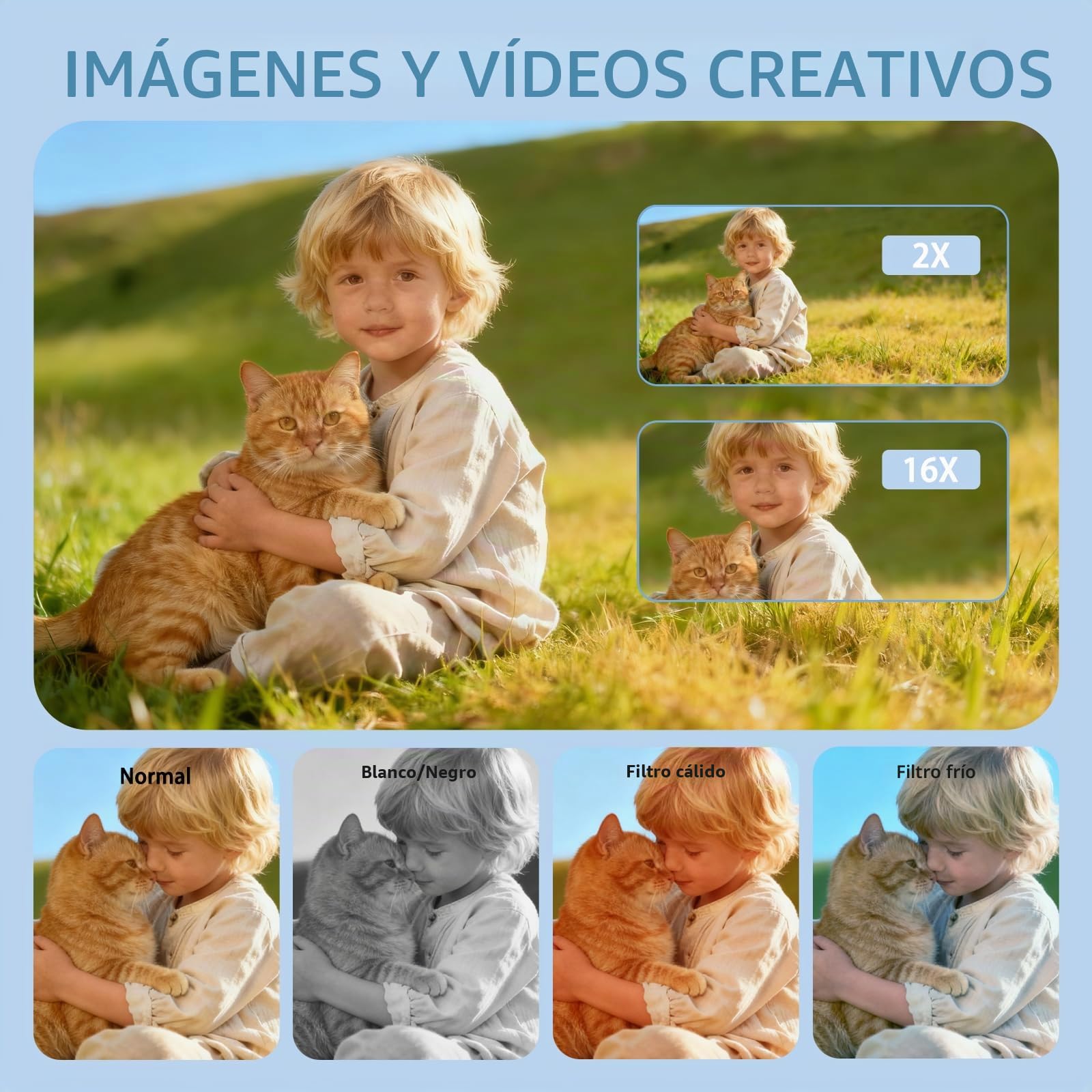 Cámara digital de 64 MP 4K para niños con pantalla IPS de 2.8", tarjeta SD de 64 GB y zoom digital de 16X. Antivibración, cámara compacta compacta y portátil. Regalo pequeño para niños, niñas y estudi