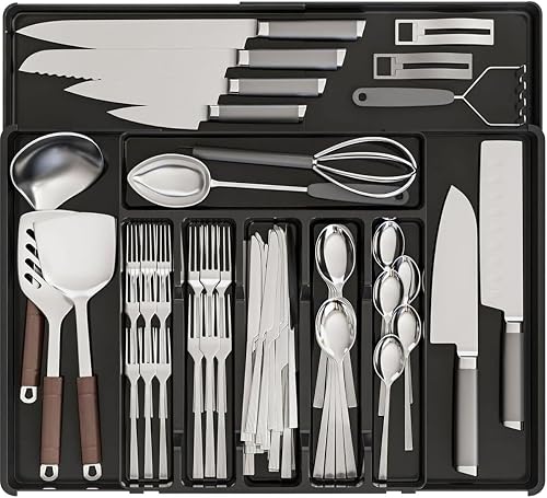 2 Pack Expandable Cutlery Drawer Organiser Kitchen Utensil Storage Trays | Two expandable 9-compartment cutlery trays keep utensils and small drawer items organised and easy to access.