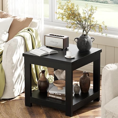 Miniatura 5 de Homieasy Mesa auxiliar, mesa auxiliar cuadrada de 20 pulgadas, mesa auxiliar de madera de granja con estante de almacenamiento, mesita de noche de
