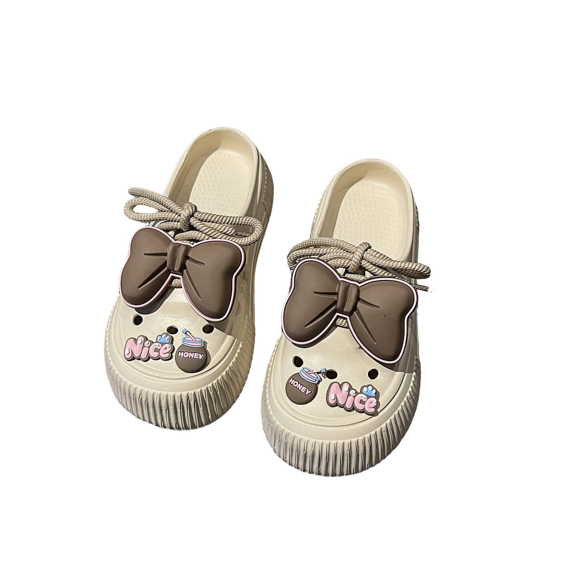 DREAM LAKE Women's Platform Slide Sandals with Bow and Flower Charms, Cavernous Upper