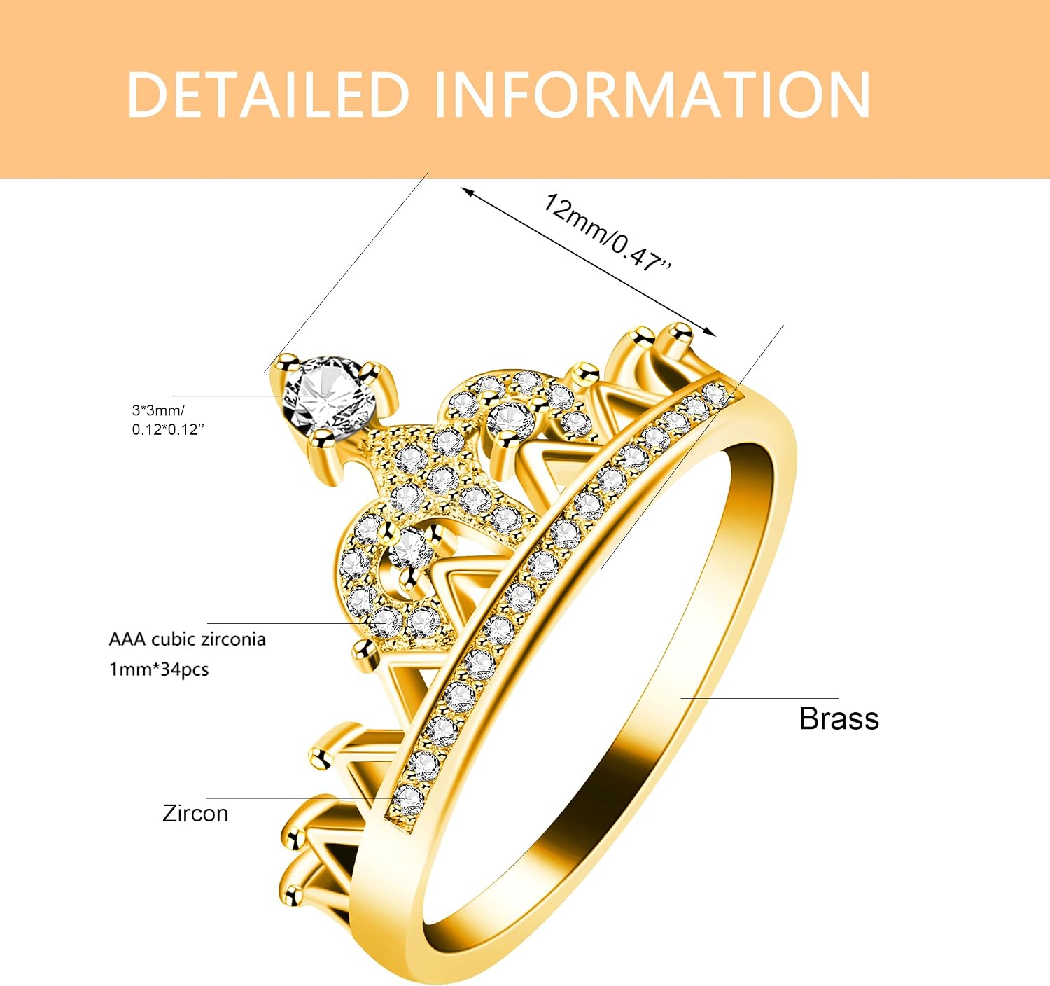 Uloveido Platinum Plated Crown Royal Ring, Women's Cubic Zirconia Wedding Rings Y1227