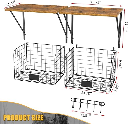 Miniatura 3 de Paquete de 2 estantes de garaje montados en la pared con cestas de almacenamiento de alambre, estantes de pared de garaje resistentes con ganchos,