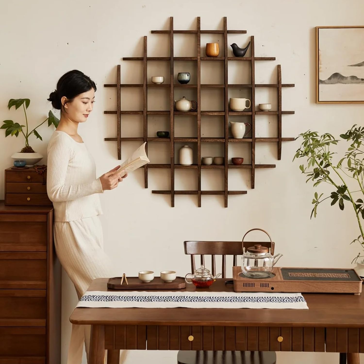 Solid Wood Chinese Tea Cup Holder, Wall Mounted Teapot Display Stand, Wall Decoration Teaware Shelf Storage Rack for Living Room Kitchen Office Commercial (Dark Walnut Color, 39x39'') 39x39'' Dark Walnut Color