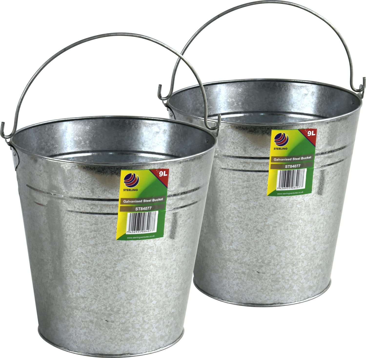 Set of 2 Heavy Duty Galvanised Steel Metal Bucket Pail with Handle (2x 9L)