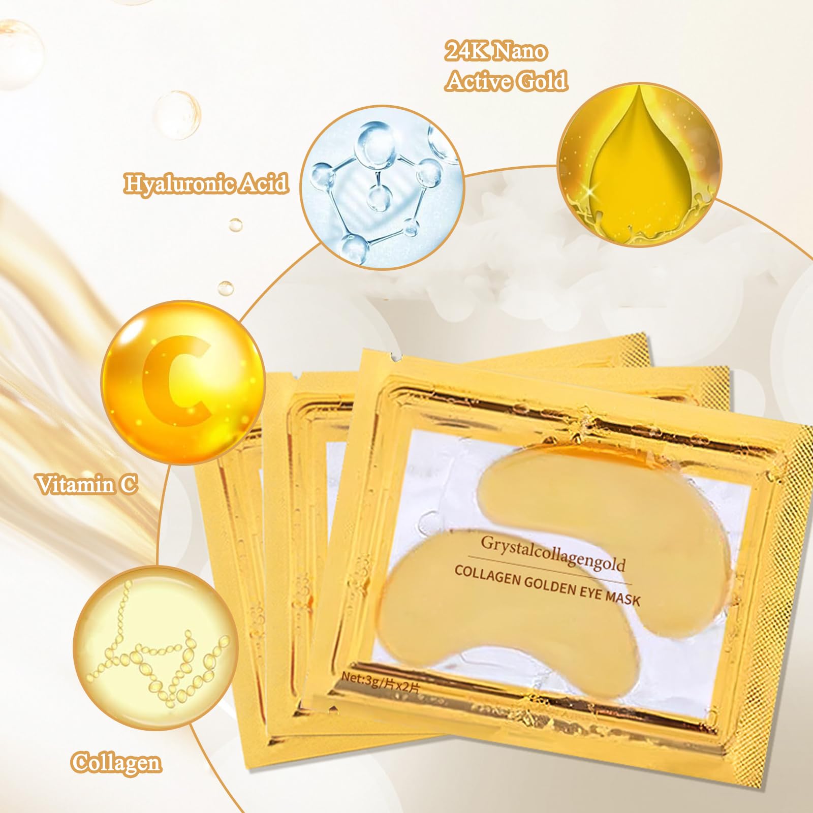 70 works 24K Gold Under Eye Mask, Natural Collagen Under Eye Gel Patches, Masks for Puffy Eyes Dark Circles Wrinkles Hydrating Soothing - Image 2