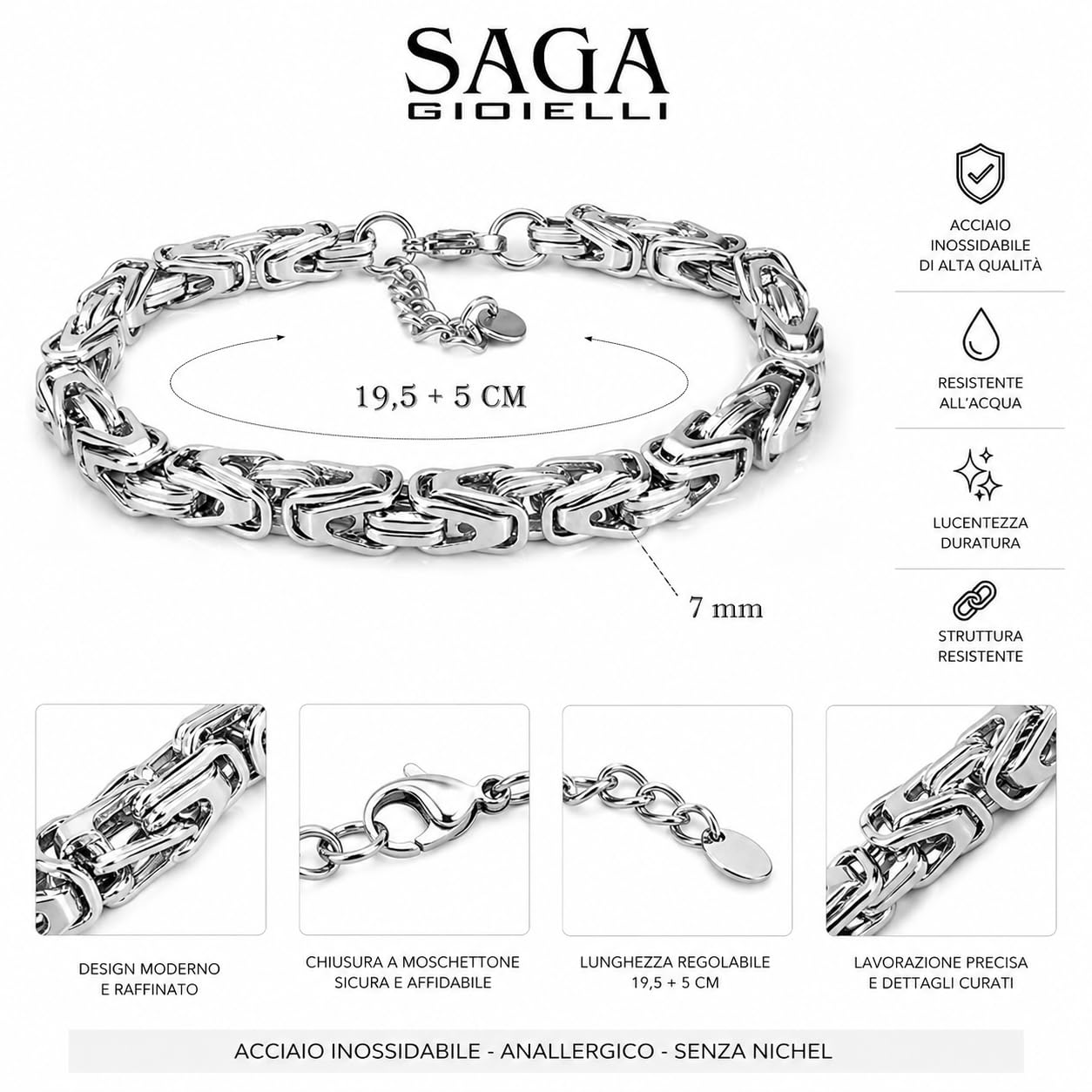 SAGA GIOIELLI Bracciale Uomo in Acciaio Inossidabile Lucido 7 mm, Catena Bizantina Elegante, Lunghezza Regolabile 19,5 + 5 cm, Bracciale Anallergico Resistente all’Acqua, Idea Regalo Uomo
