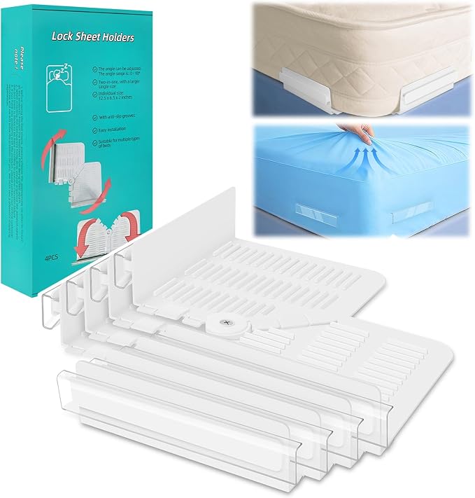 Fitted Bed Sheet Holders for Corners, Anti-Slip Lock Clips Keep Sheets Firm & Tight, Patent Design Adjustable Angle for Mattress Topper Pad of Home Hospital Hotel, Easy Installation, New Year's Gift