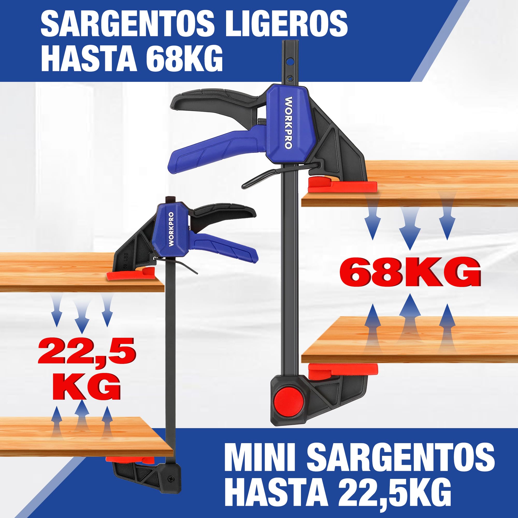 WORKPRO - Juego de 6 abrazaderas de una mano, 150 mm, fuerza de sujeción, 22,5 kg/68 kg, envergadura 150 mm, 4 convencionales y 2 mini bridas para una fijación precisa y carpintería | Incluye 4 Sargentos Estándar y 2 Mini con Fuerza de Sujeción de 22,5kg