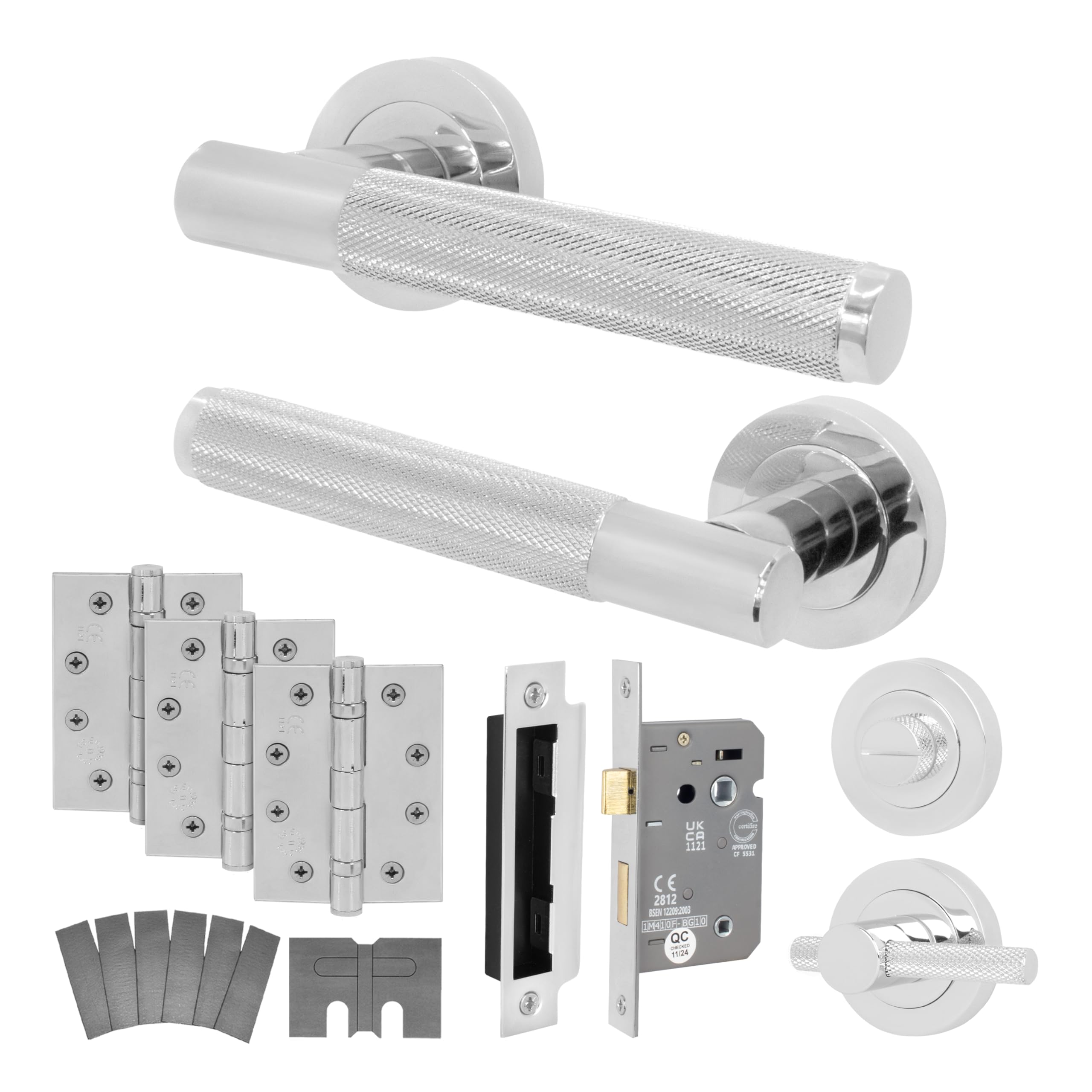 Eai Polished Chrome Chrome Fire Door Handle Bathroom Set, Internal Fire Rated Door Handle With 80Mm Bathroom Lock And 102Mm Hinges, Varri Range 1 Pack