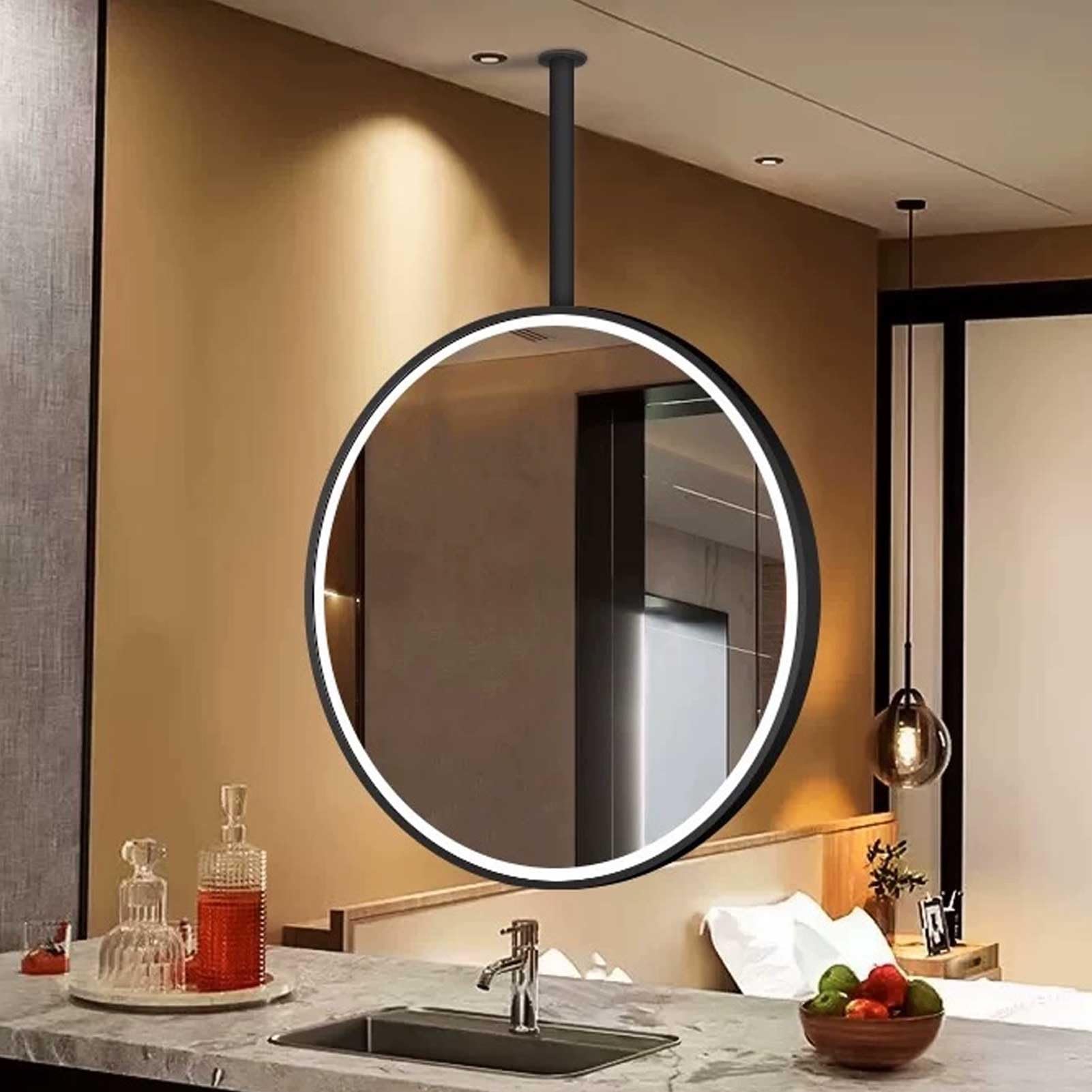 Miroir de salle de bain LED rond 60 cm haut de gamme avec cadre noir suspendu pour coiffeuse chic