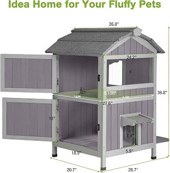 Cat Houses for Outdoor Cats 2-Story Large Cat Condo for Multiple Cats, Weatherproof Feral Cat Shelter with Window, Easy Clean Wood Kitty House