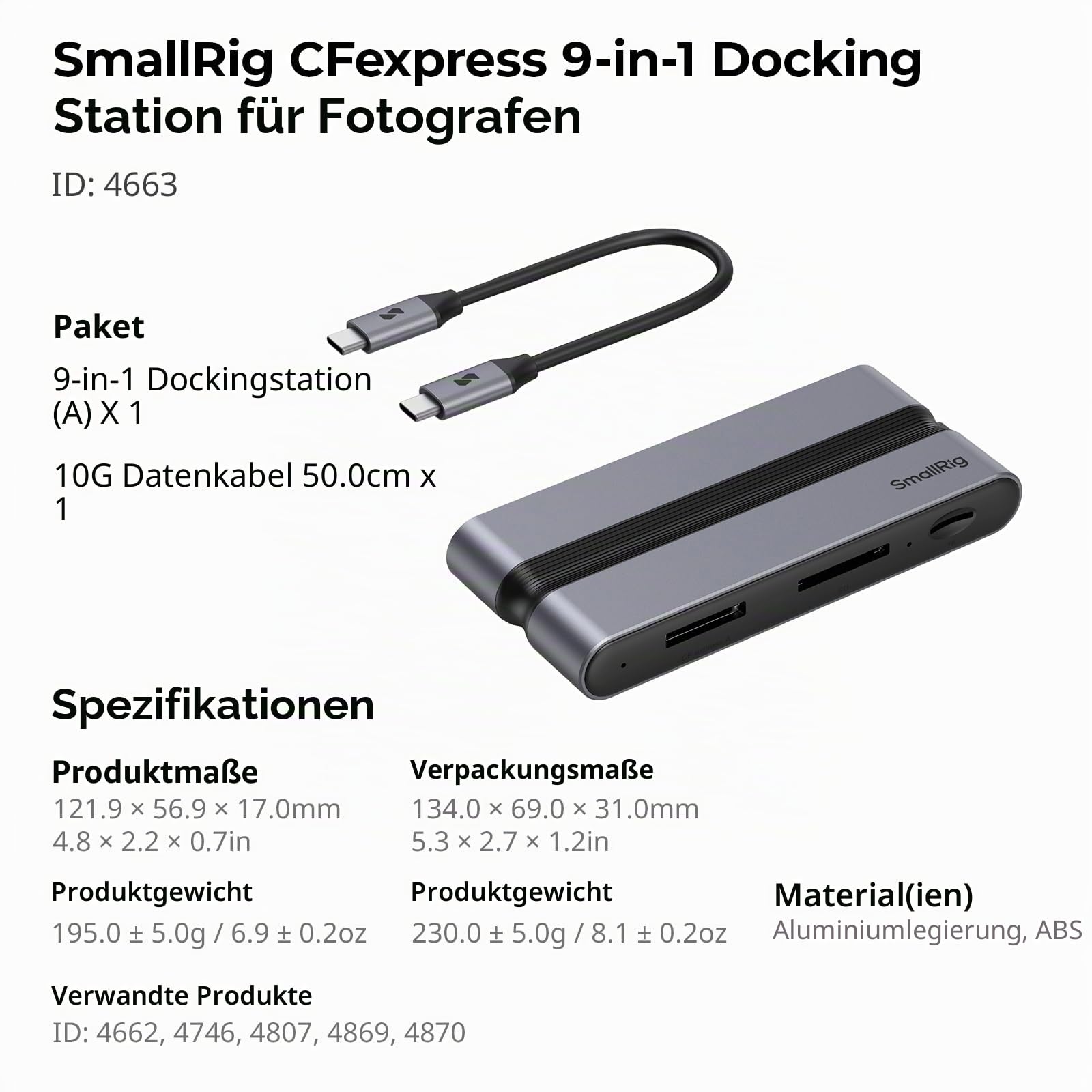 SMALLRIG 9-in-1 CFexpress Typ A Kartenleser-Dockingstation mit USB3.2 (Gen 2) 10 Gbps, SD/TF/CFexpress Typ A Leser, USB-A/C/für HDMI/Gigabit Ethernet-Anschlüsse, für iPhone - 4663