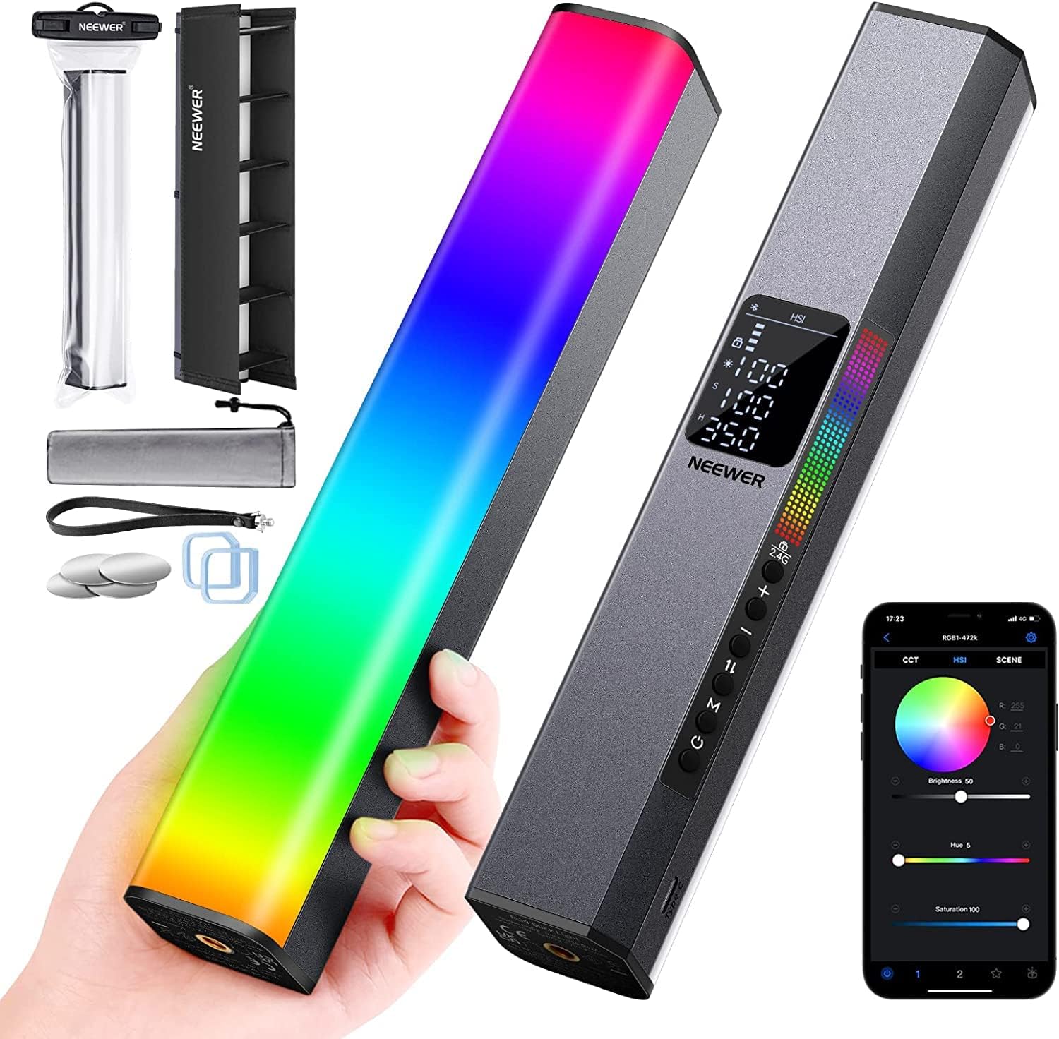 NEEWER RGB1 Stick Light, Magnetic Tube Photography Light, Touch Bar and App Control, LED Video Light, Magnetic, Handheld, 0-100% Stepless Dimming, Color Temperature 3200K-5600K, CRI98+, 360° RGB Full Color, 6400mAh Battery, 17 Types of FX Light Effects, Live Transmission, Video Shooting, YouTube/T For iktok photography