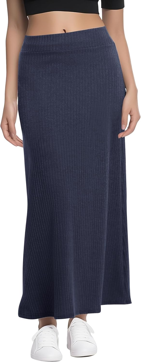 Urban CoCo Women's High Waist A-Line Maxi Skirt Comfy Ribbed Knit Long Skirt - Image 3