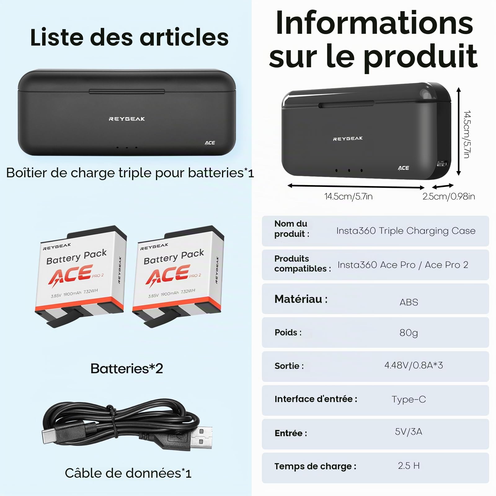REYGEAK Batterie et chargeur pour Insta360 Ace Pro 2/Ace Pro, lot de 2 chargeurs de batteries de 1900 mAh avec trois emplacements de charge, compatible avec caméra d'action Insta360 Ace/Ace Pro