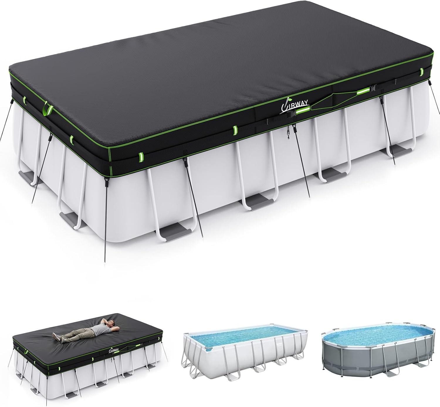 UIRWAY 500D Pool Cover 7x10FT Rectangular [2026 Upgraded Heavy Duty Fabric] Solar Pool Covers for Above Ground Pools, Swimming Pool Covers Including Windproof Straps and Luminous Ground, UV Resistant
