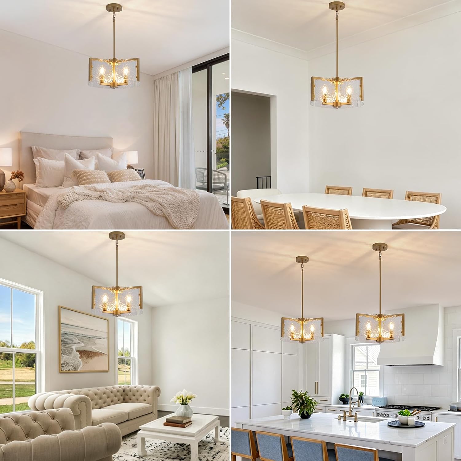 Modern Glass Chandeliers, 3 Light 15.7" Drum Chandelier for Dining Room Gold Pendant Light Fixture for Kitchen Island Bedroom, Living Room, Clear Ripple Glass Shade (E12 Bulbs Not Included)