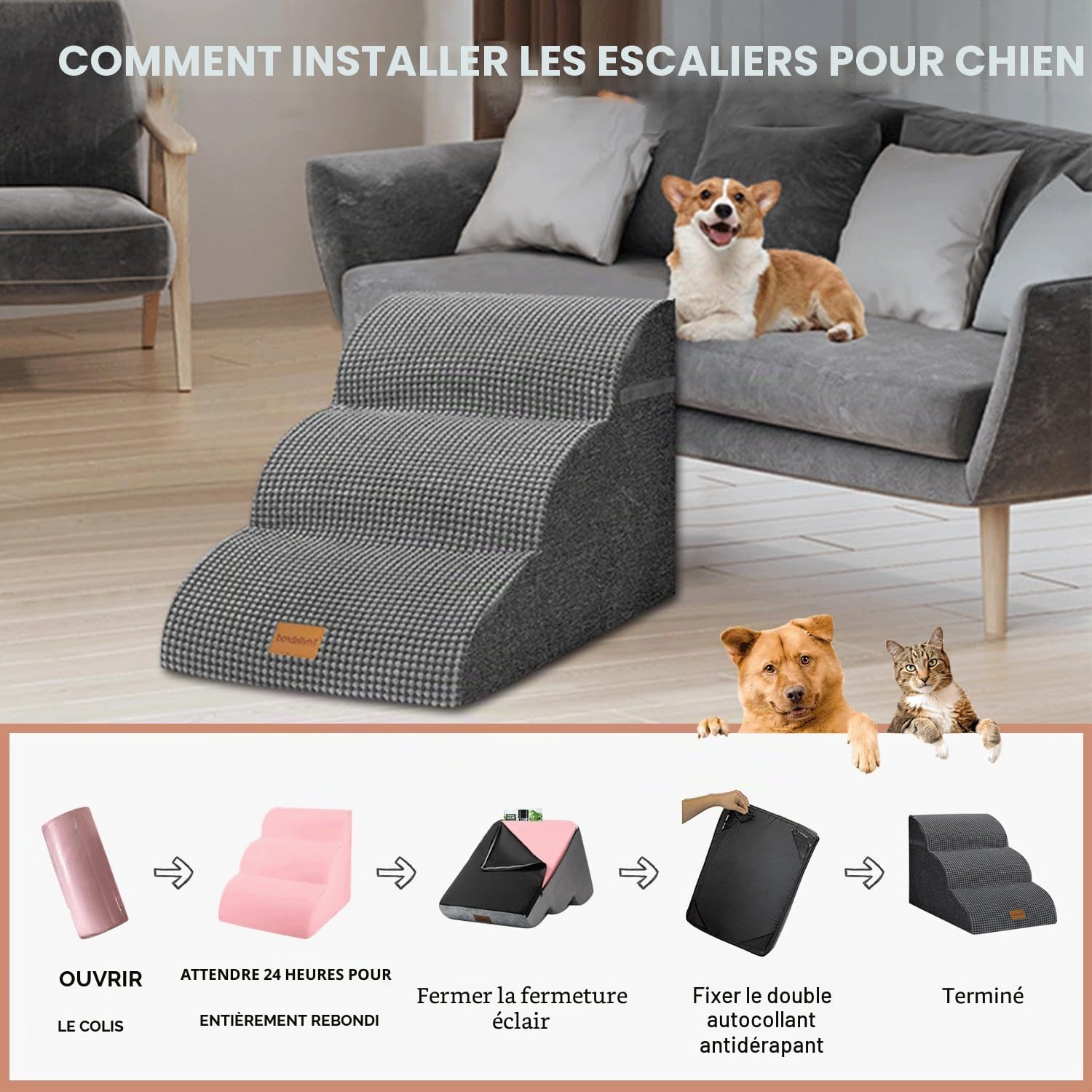 Marchepied pour Chien de 40 cm de Haut pour canapé, 40Wx60Lx40H | Marchepied en mousse pour lit ou fauteuil, escalier antidérapant pour animaux avec housse lavable