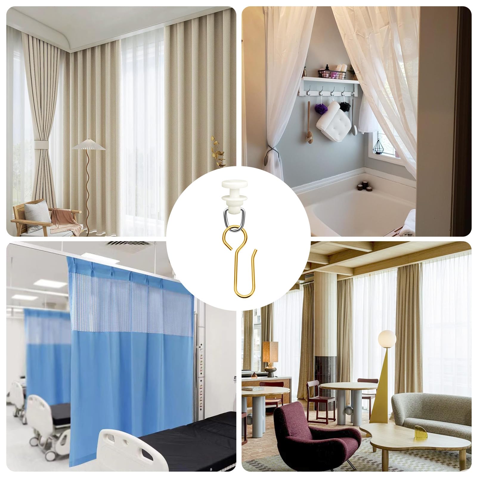 Mooshy 120 sztuk haczyków do firanek na szyny, 60 sztuk, plastikowe zasłony, ślizgacze z 60 sztukami, złote, metalowe rolki do zasłon okiennych, zasłony prysznicowej, nadają się do łazienki i WC