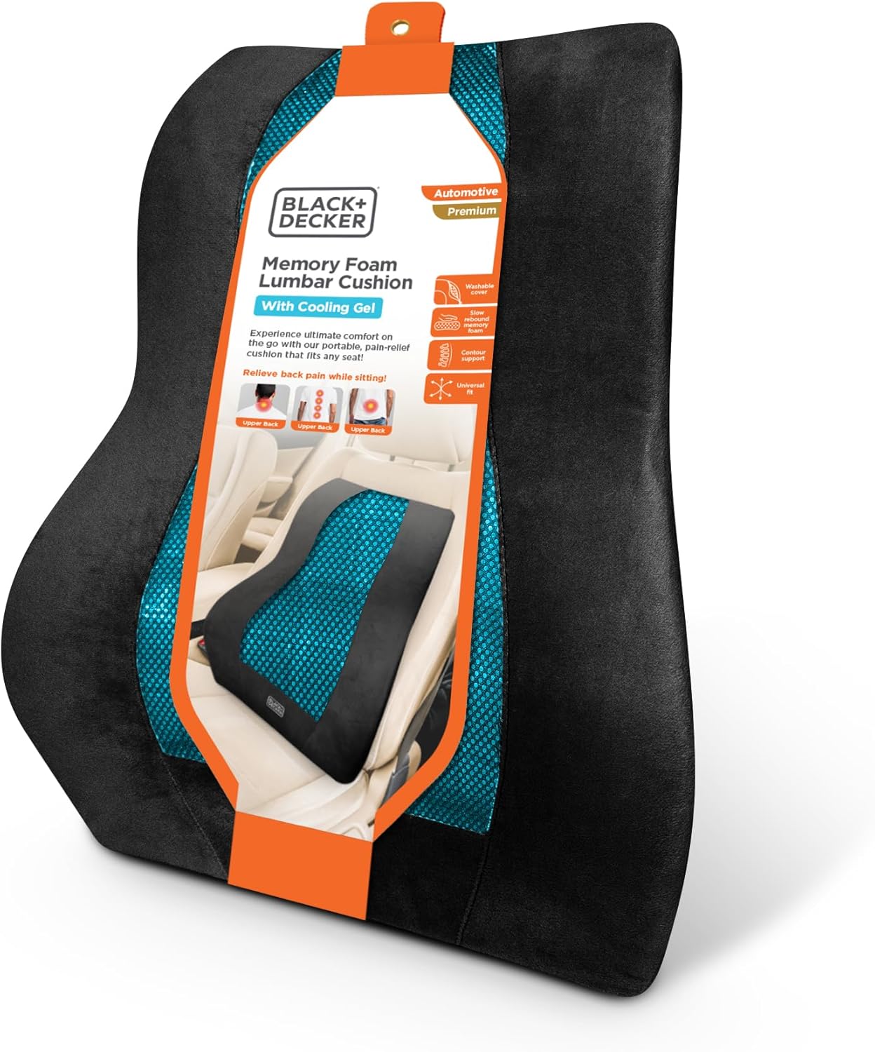BLACK+DECKER Memory Foam Lumbar Support Pillow with Cooling Gel – High Back Lumbar Cushion for Office, Car, Wheelchair & Airplane – Ergonomic, Pain Relief, Adjustable Strap, Washable Cover,Black/Grey