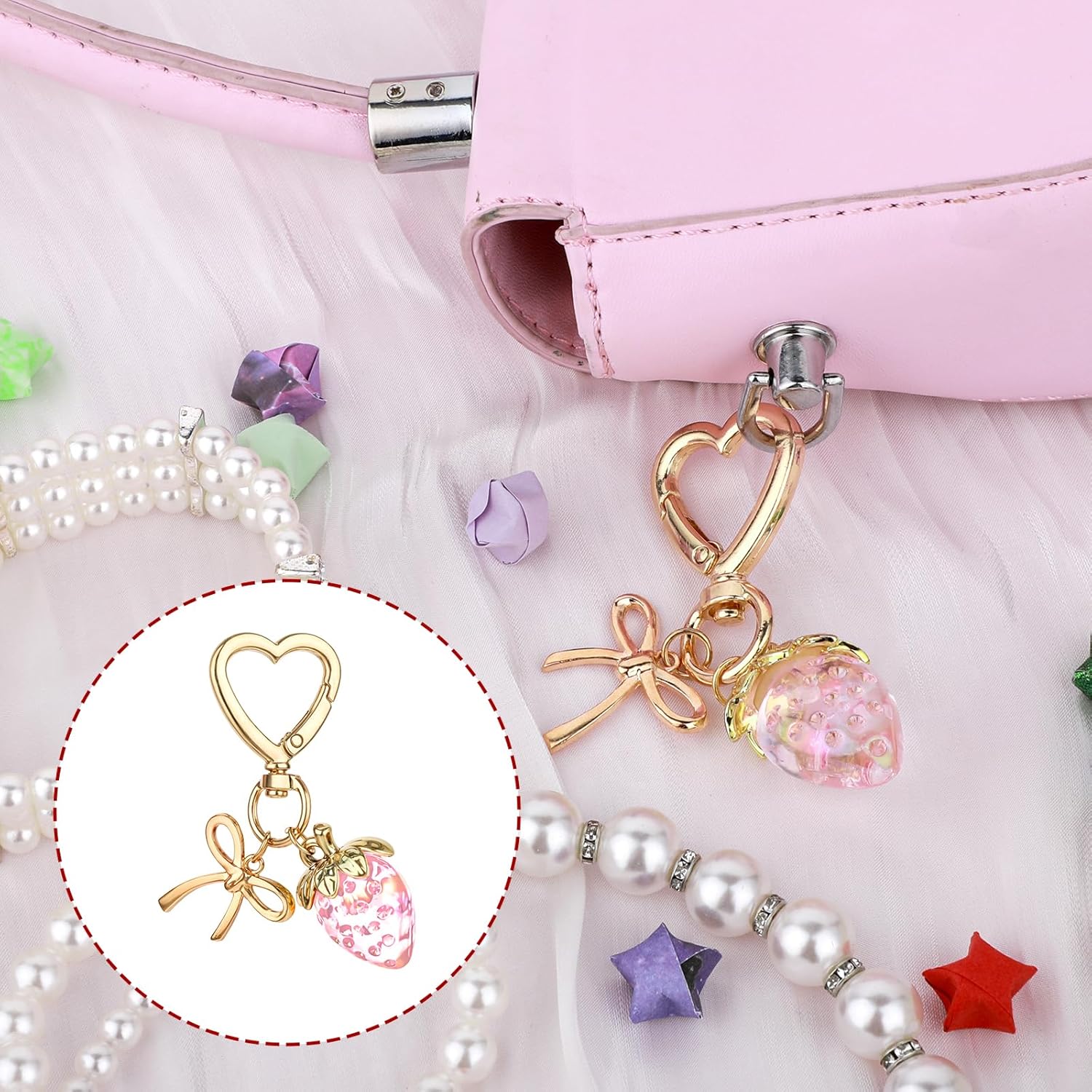 Strawberry Keychain, Cute Strawberry Bag Charms for Women Girls Bow Heart Key Chains for Bag Wallet Cellphone Car - Image 6