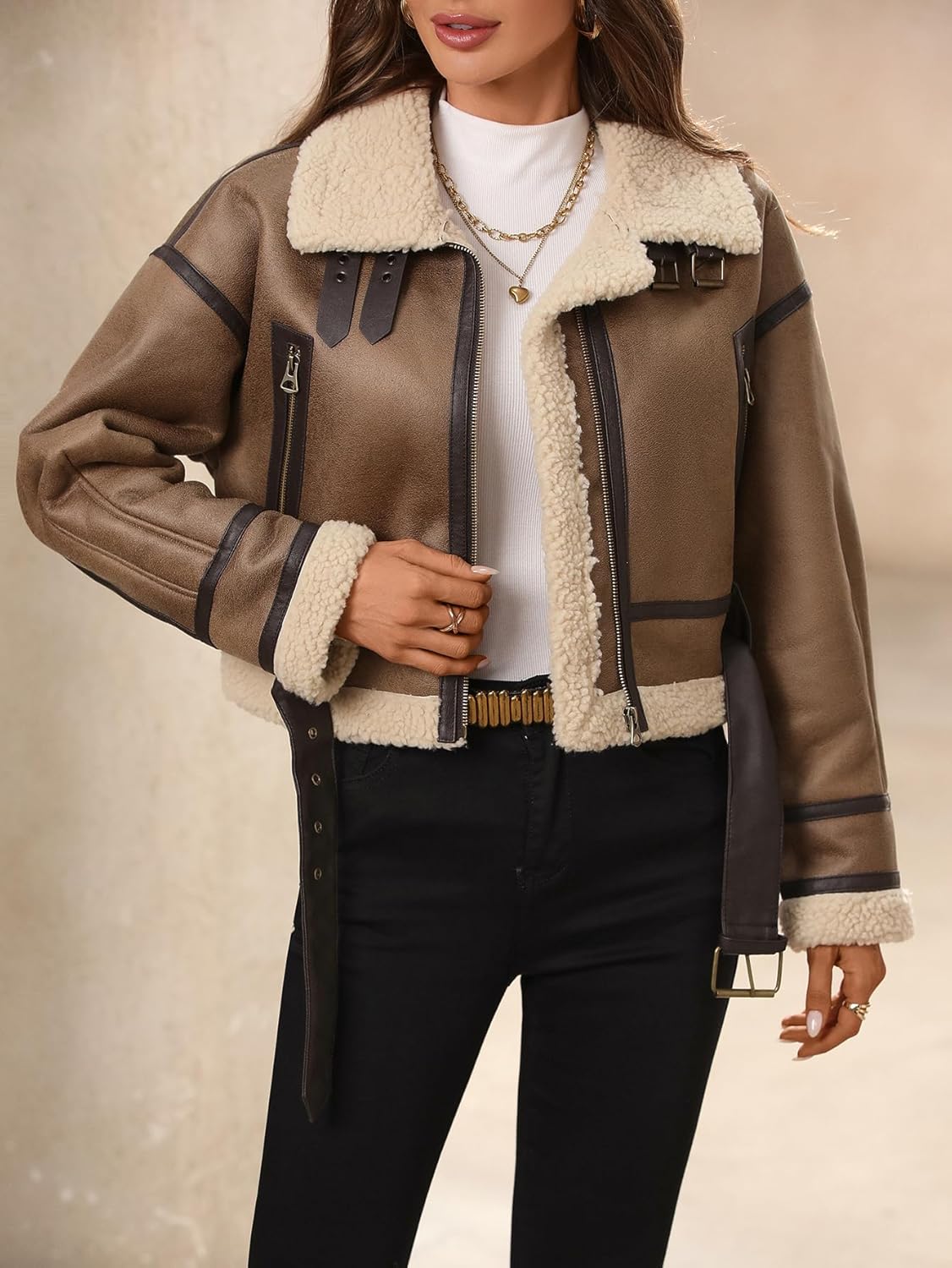 LY VAREY LIN Winter Women Faux Lamb Fur Leather Short Jacket Lapel Zipper Bomber Aviator Coat - Image 6