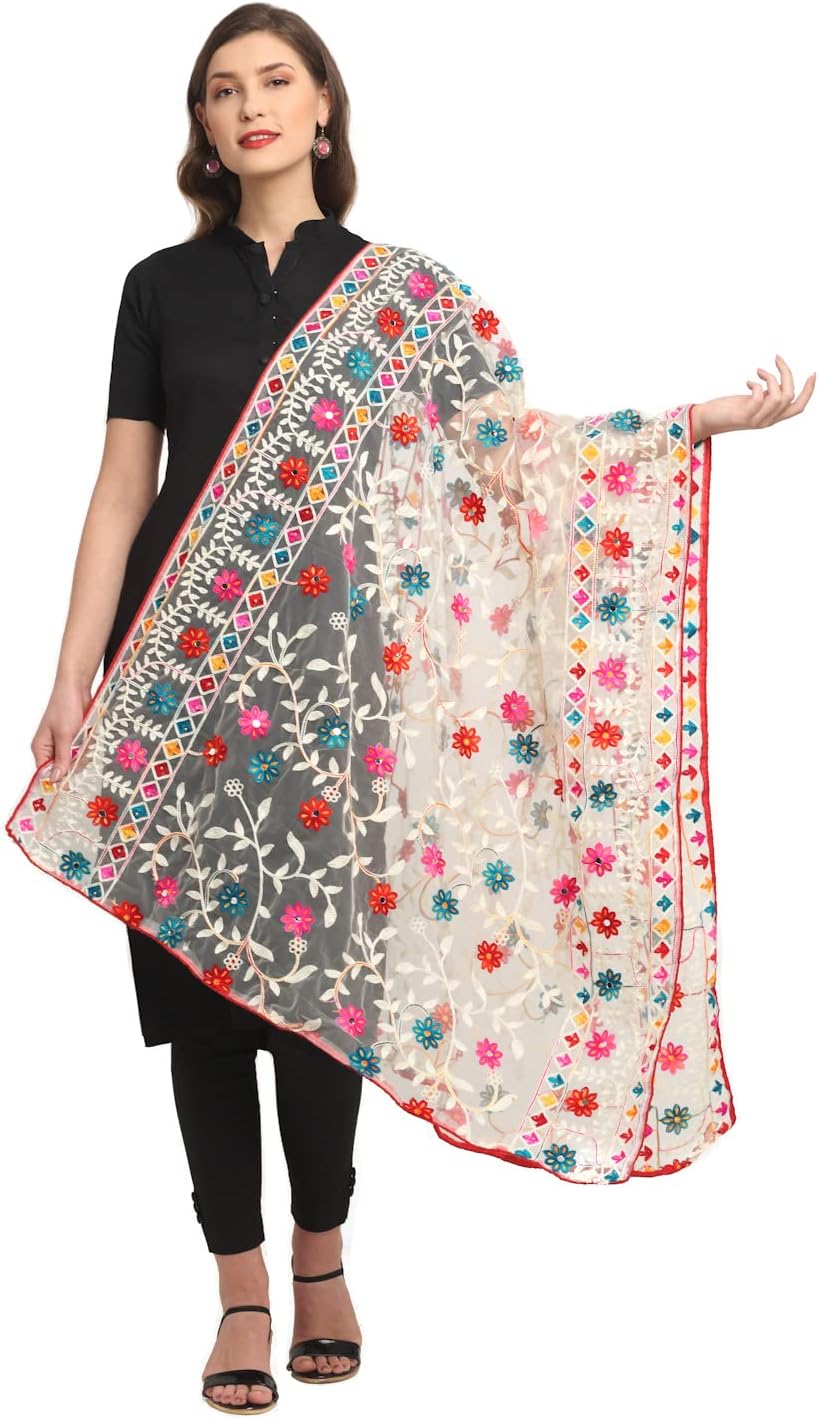 Shasmi Women's Heavy White Colour Net Embroidered Fancy phulkari work Dupatta for women (White)