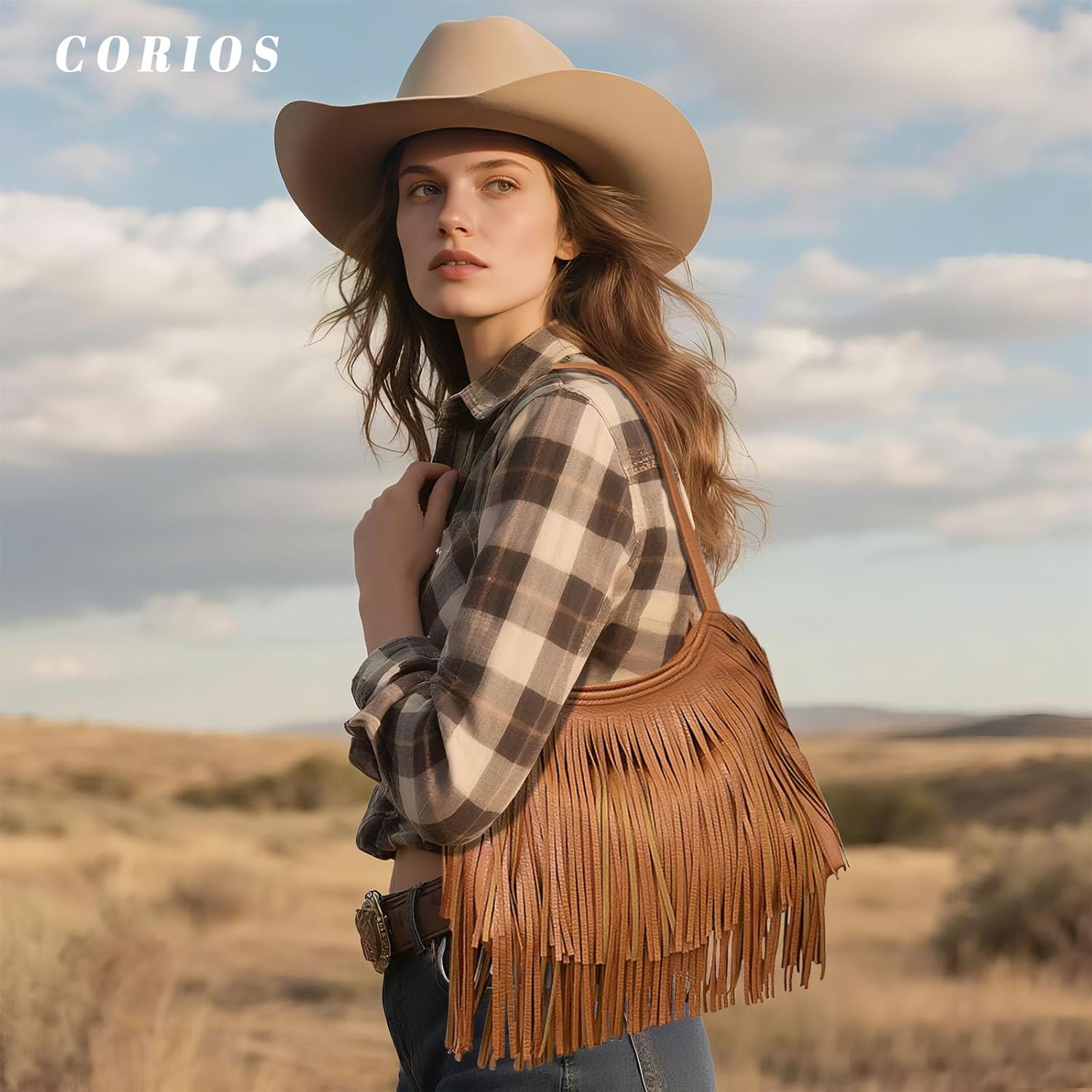 CORIOS Bohemian Fringe Leather Shoulder Bag for Women Dual-Side Tassel Handbag Underarm Purse Soft PU Leather Top Handle Bag
