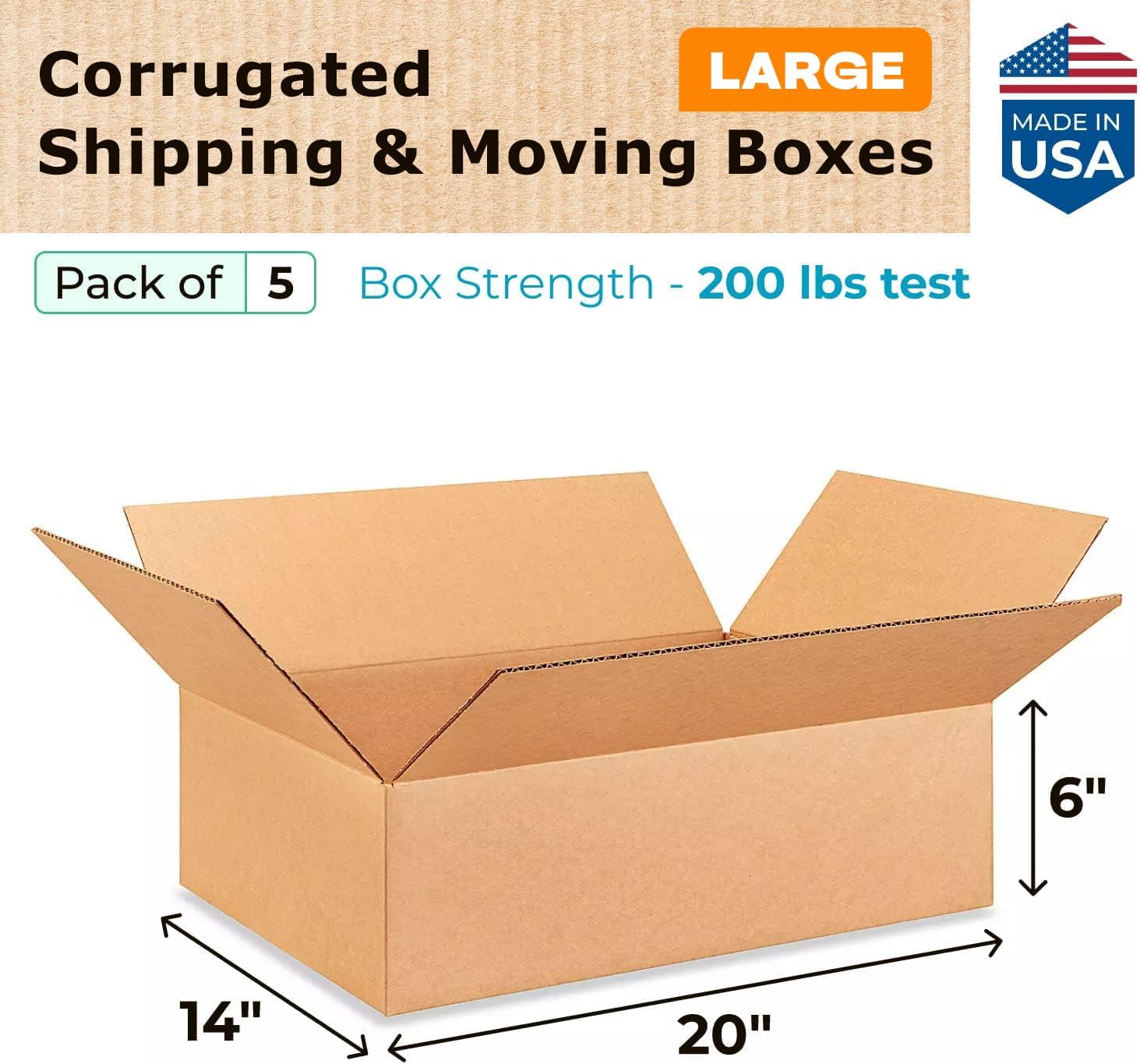 large shipping & moving boxes 20 x 14 x 6 inches (5-pack) - extra strength 200 lb vs regular - corrugated durable large moving boxes - shipping box for usps, fedex - packing box by idl packaging 20 x 14 x 6" (large boxes) pack of 5
