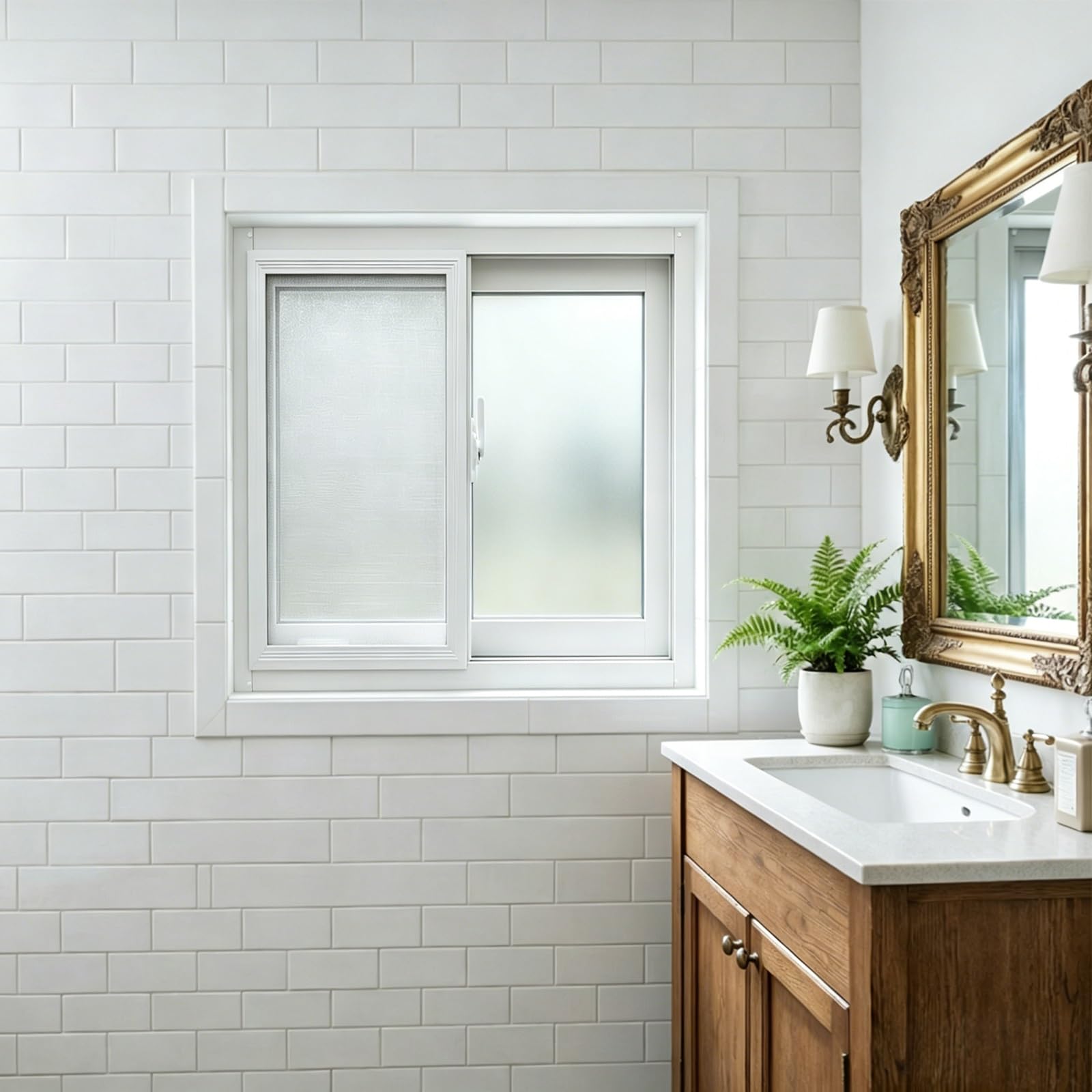 Fenêtre coulissante pour rénover la salle de bain avec verre dépoli et moustiquaire