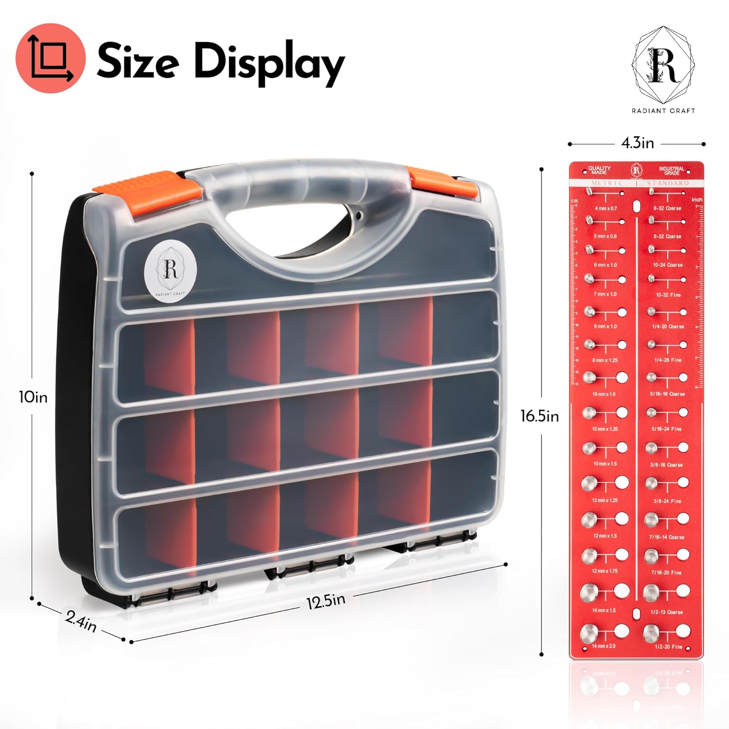 Nut and Bolt Thread Checker with Hardware Organizer box - Wall-Mountable Aluminum Bolt Size Finder & Thread Gauge Tool with 14 Metric & 14 Standard - Bolt Measuring Tool for Garage & Professional Use.