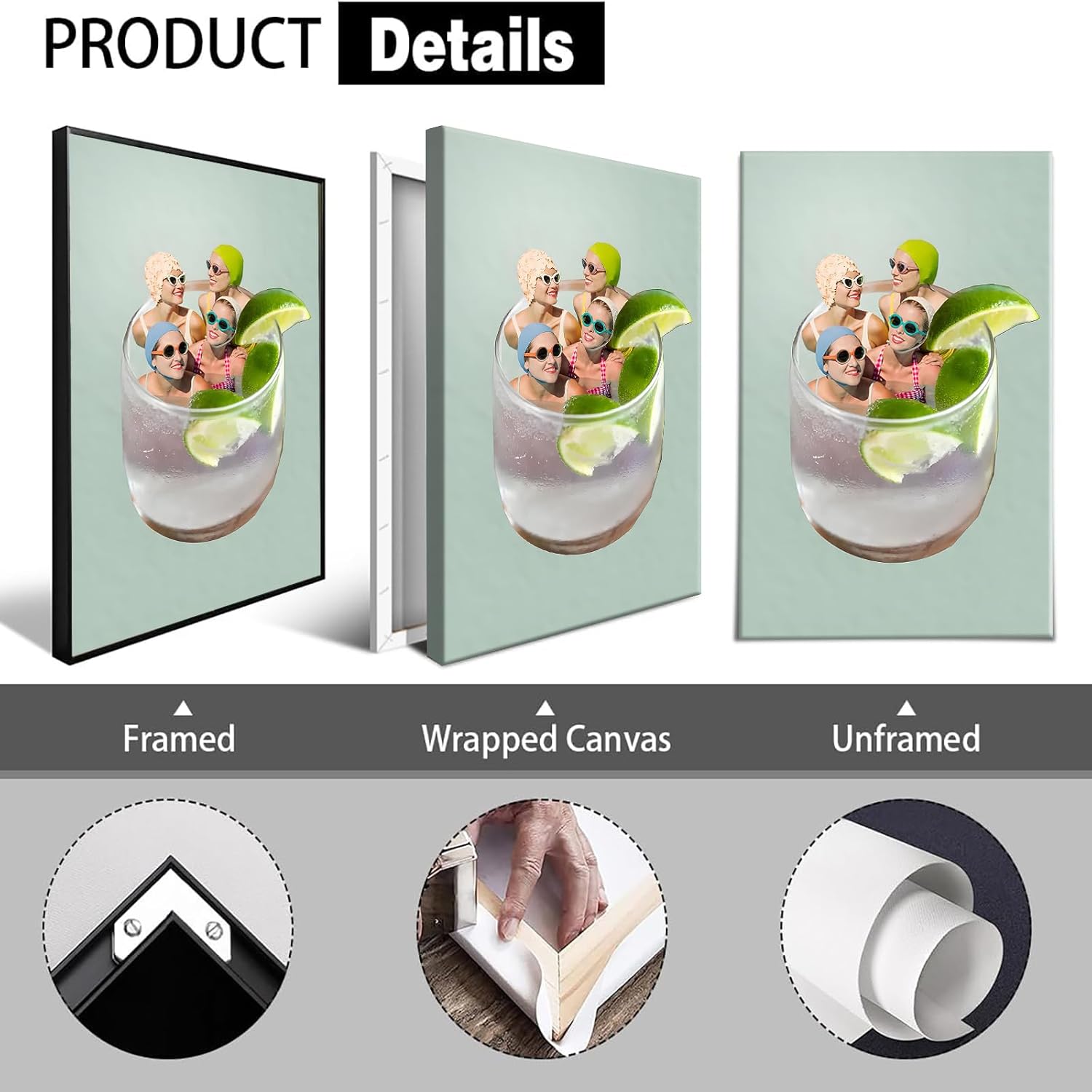 Framed Funny Girls Night Out Cocktail Canvas Posters Abstract Collage Cocktail Wall Art Summer Wine Glass Woman Prints Painting For Living Room Bedroom Bathroom Wall Decor 8x12in
