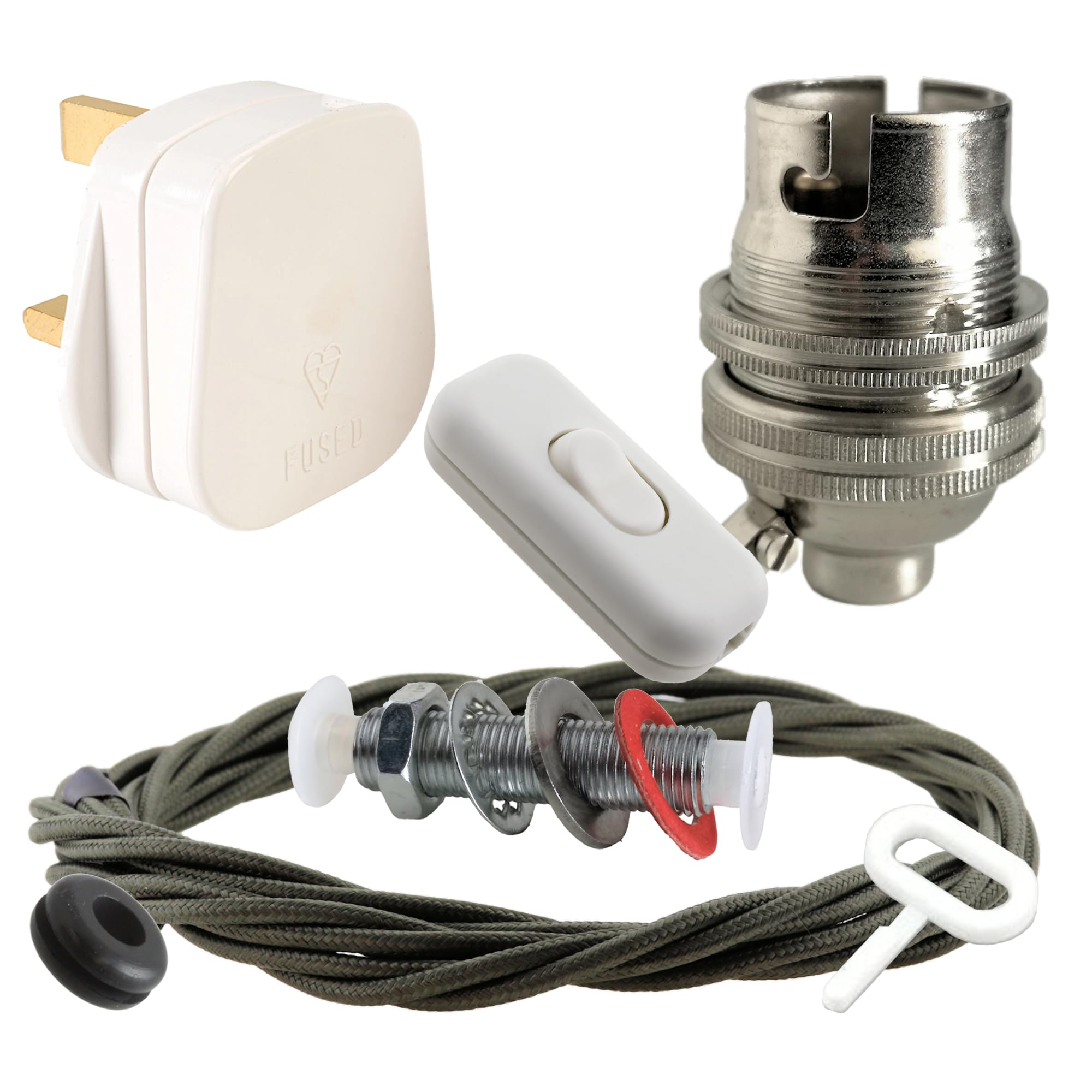 Art Deco Emporium Lamp Repair and Servicing Kit|White Plug|Khaki Green Flex|White Switch|B22 Chrome Finish Lamp Holder
