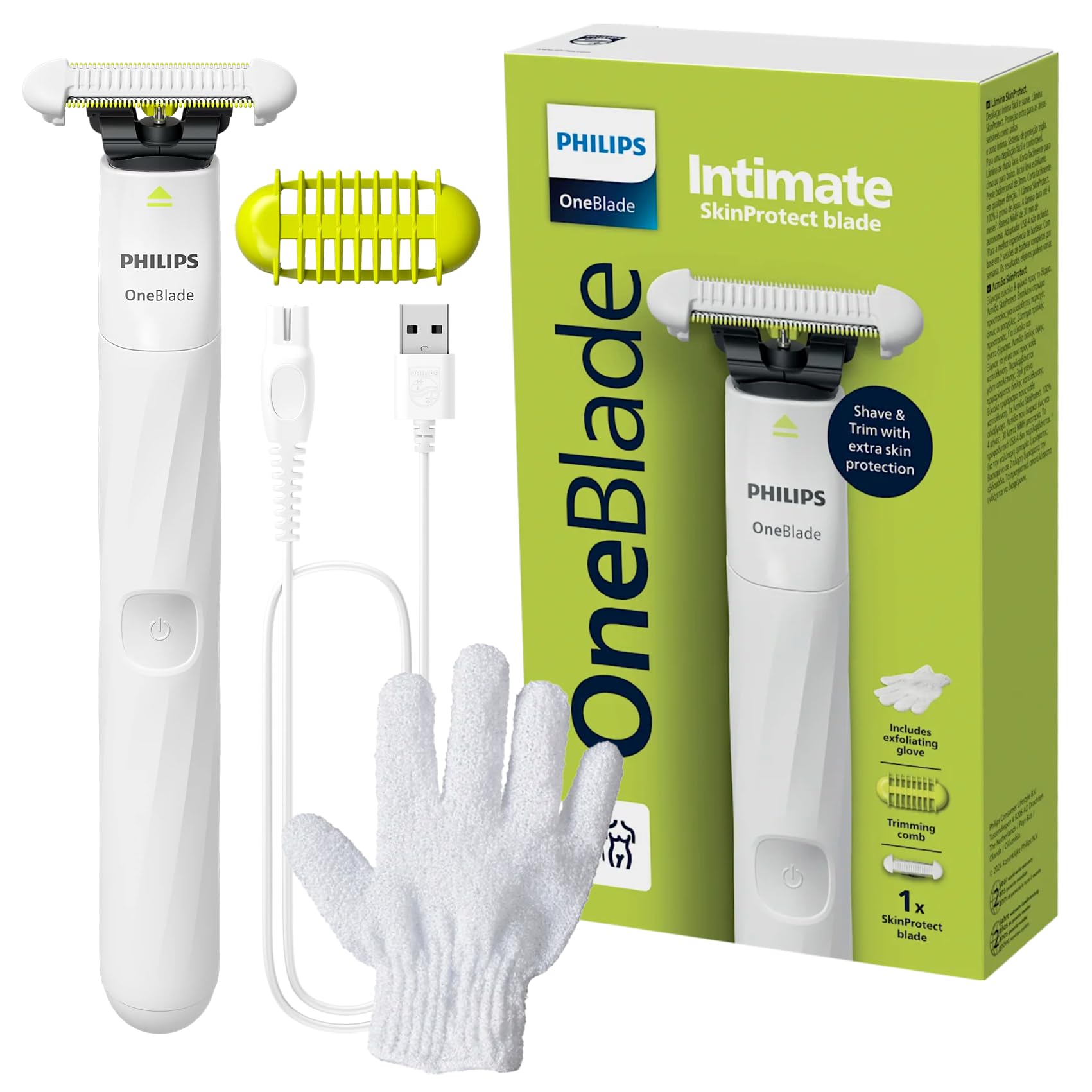 Philips OneBlade Intimrasierer mit Hautschutzklinge, wasserdicht, wiederaufladbar, Weiß