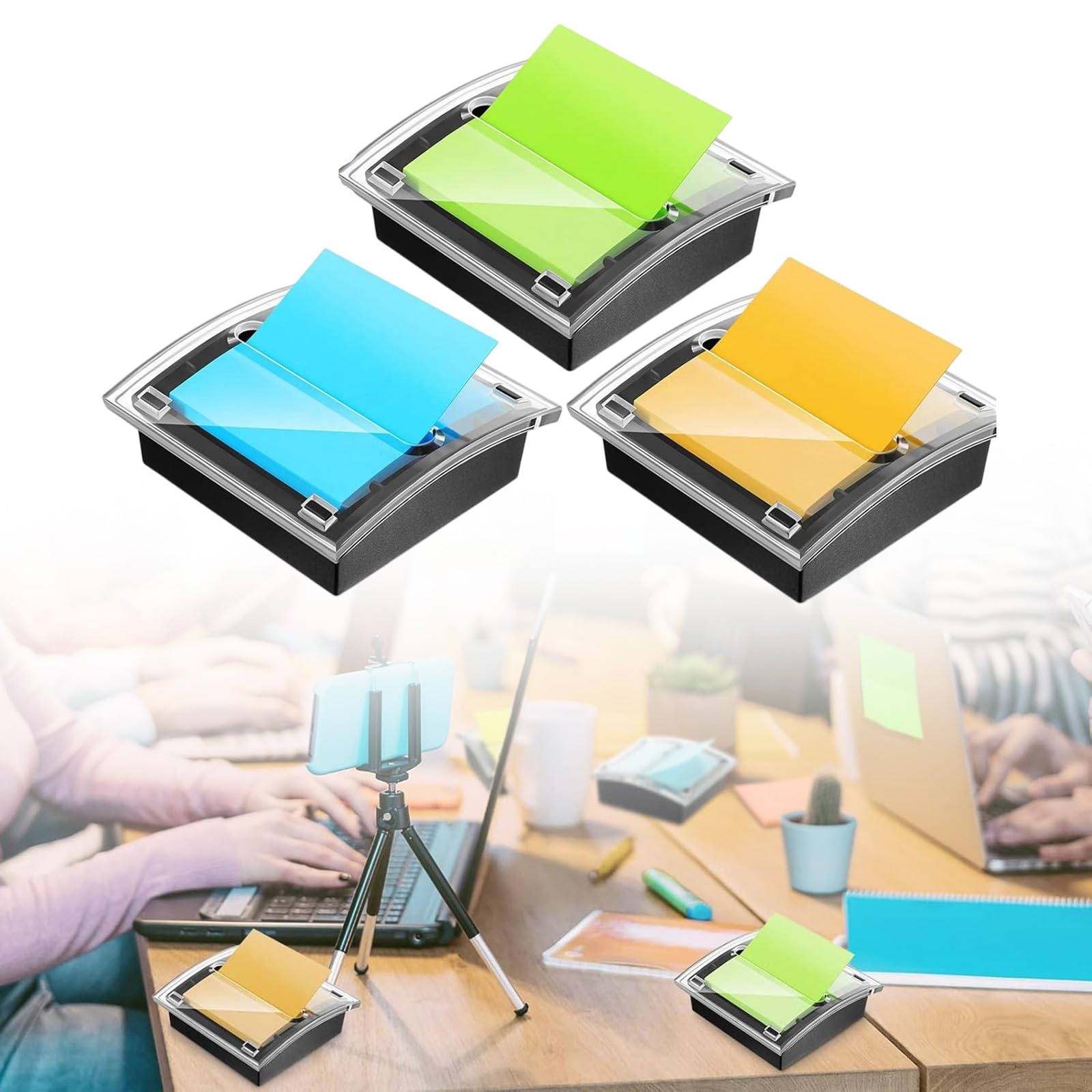 3 transparente Notizhalter, inklusive 1200 Blatt, bunte Notizen, perfekt für die Bürodekoration, Schreibtisch Notizspender