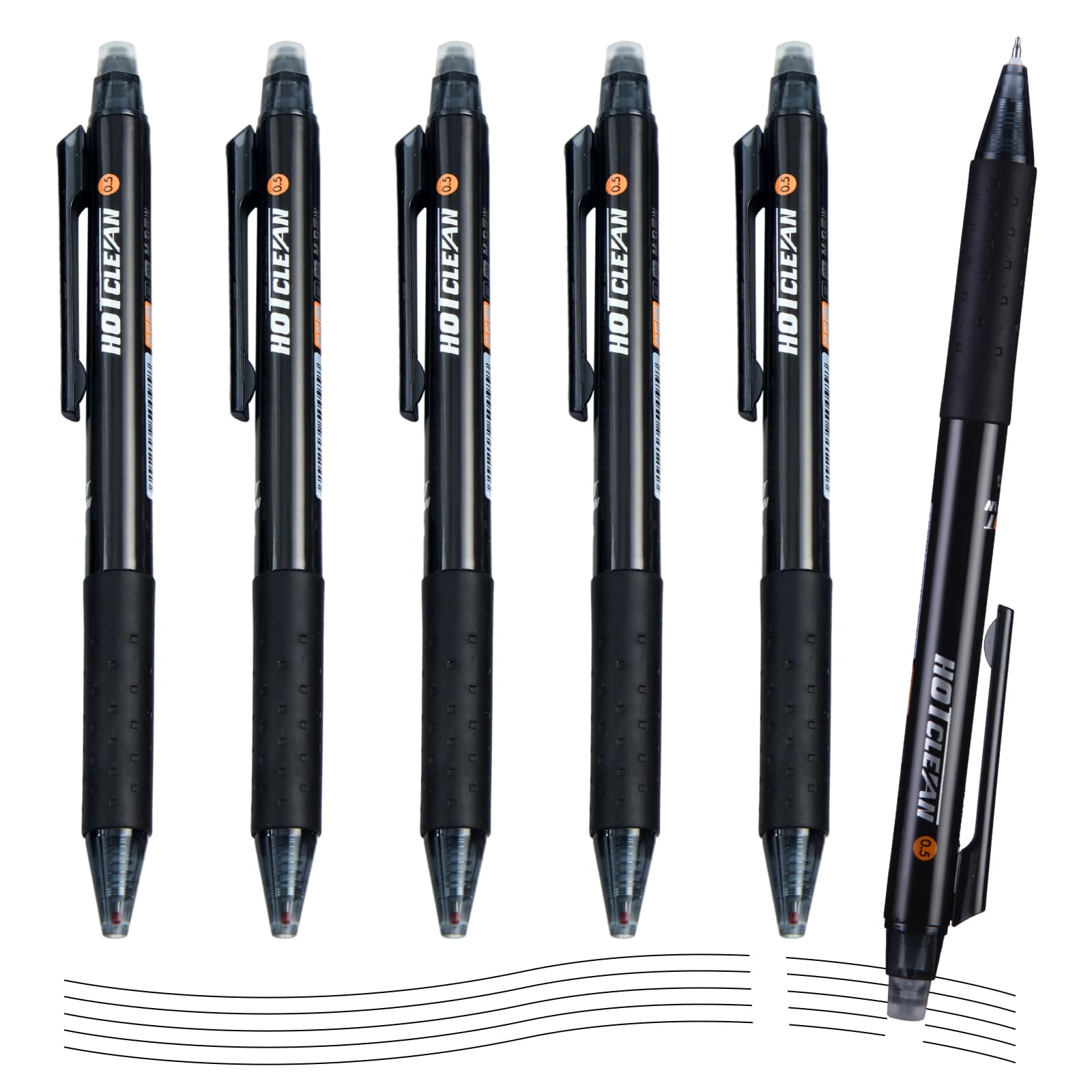 M&G Bolígrafos de gel borrables, 6 bolígrafos retráctiles borrables de punta fina de 0.5 mm, bolígrafos borrables de tinta negra de secado rápido con agarre antideslizante, hacen desaparecer los
